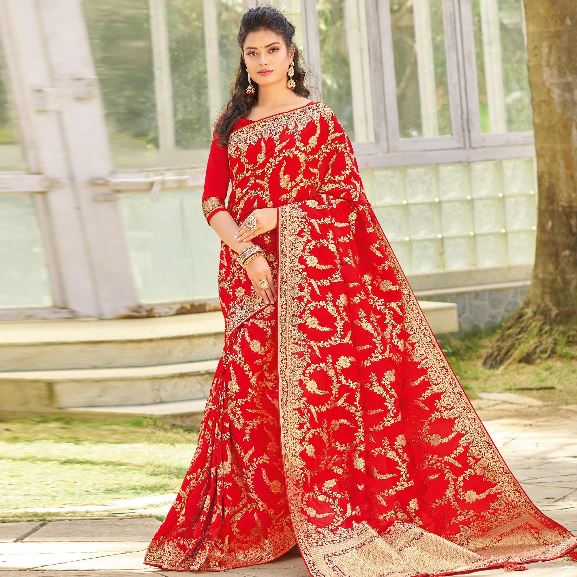 Excellent Red Colored Festive Wear Woven Silk Saree - Peachmode