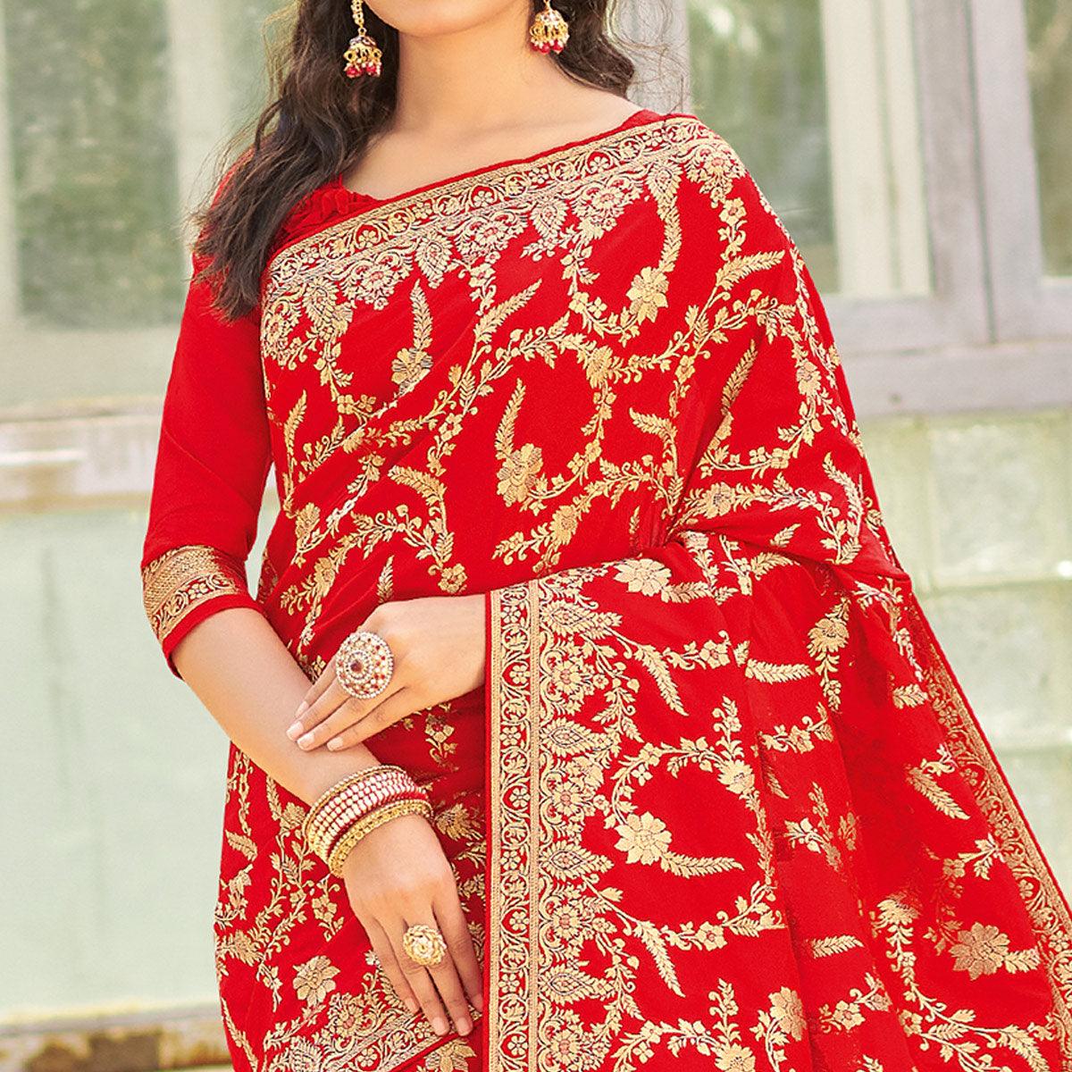 Excellent Red Colored Festive Wear Woven Silk Saree - Peachmode
