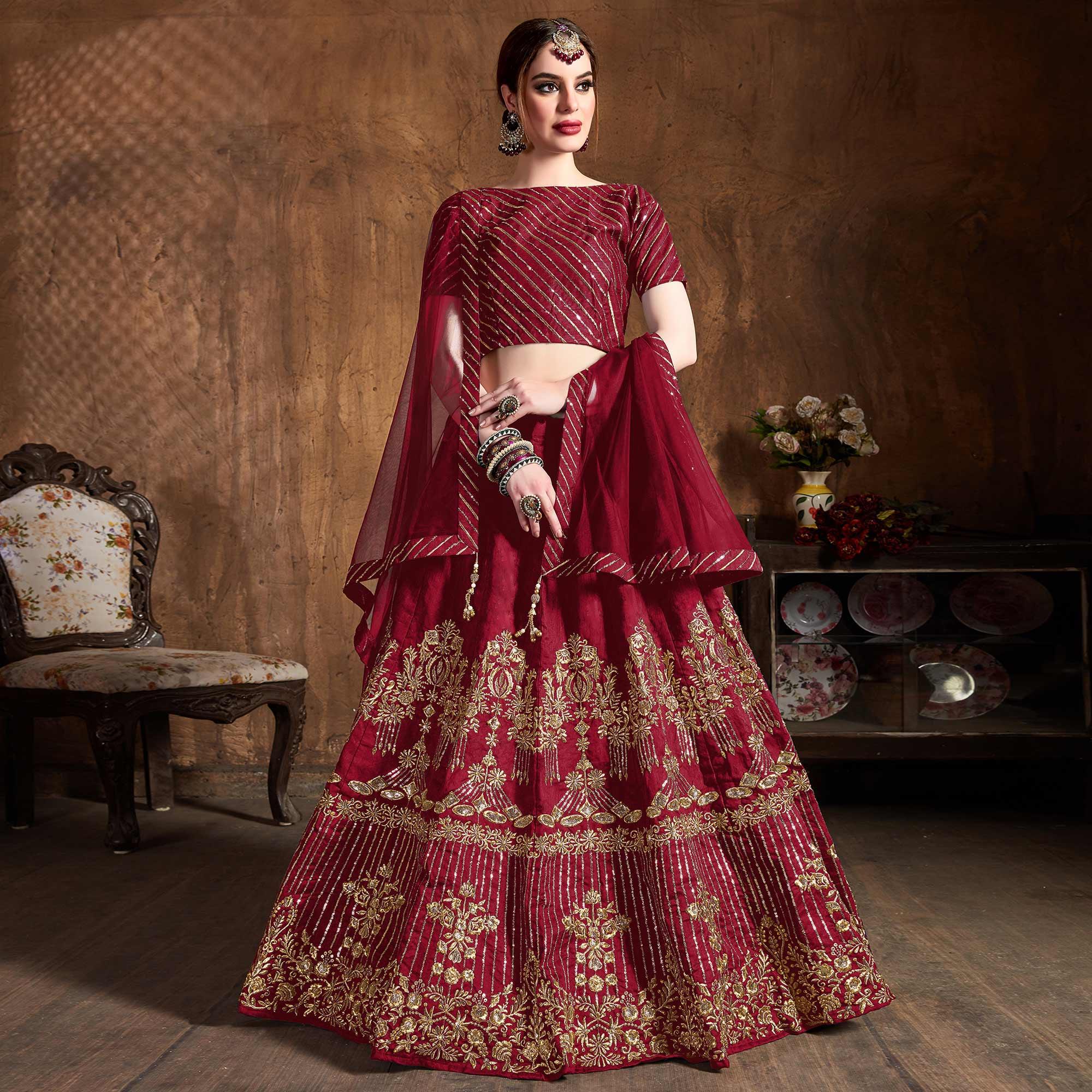 Excellent Red Colored Partywear Embroidered Banglori Silk Lehenga - Peachmode