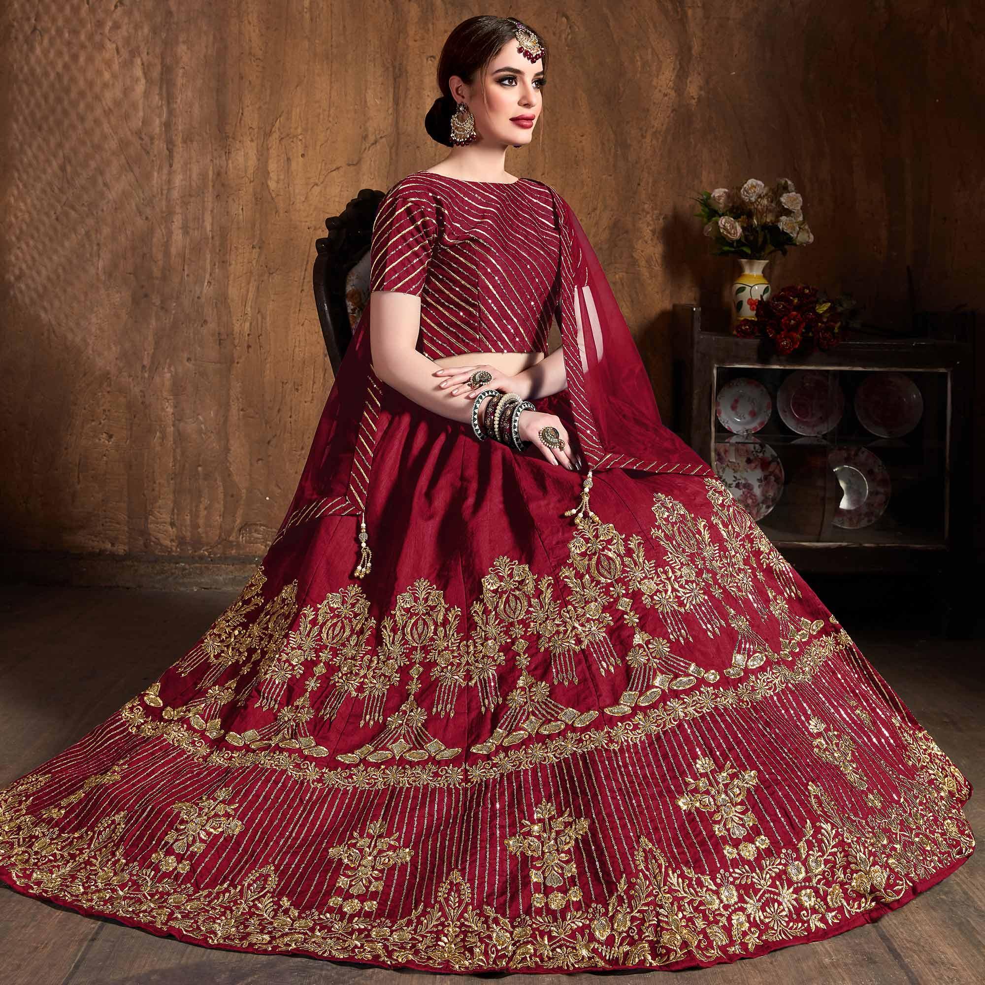 Excellent Red Colored Partywear Embroidered Banglori Silk Lehenga - Peachmode