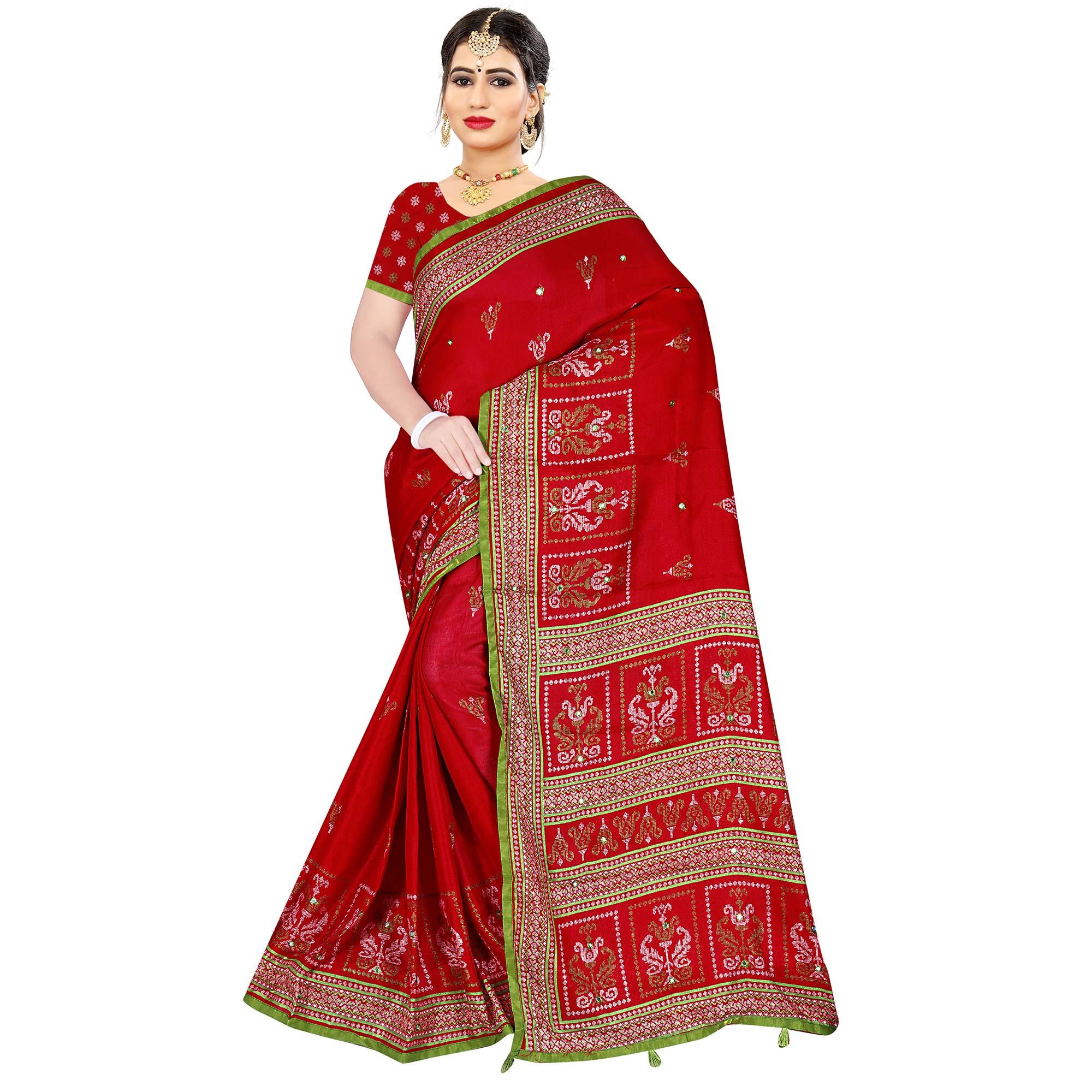Excellent Red Coloured Casual Wear Woven Cotton Jute Saree - Peachmode