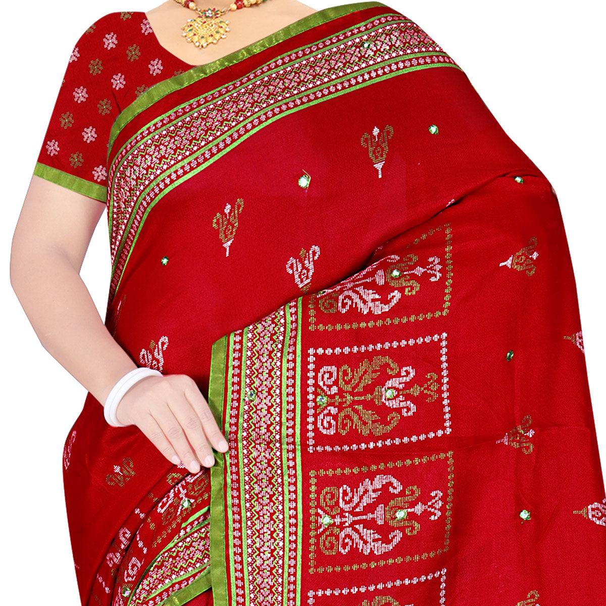 Excellent Red Coloured Casual Wear Woven Cotton Jute Saree - Peachmode