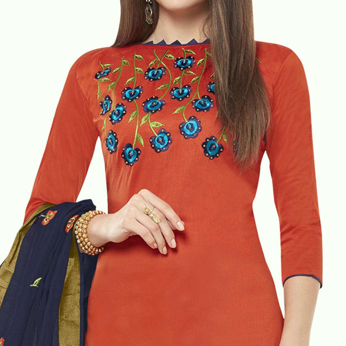 Excellent Rust Orange Colored Casual Wear Embroidered Cotton Dress Material - Peachmode