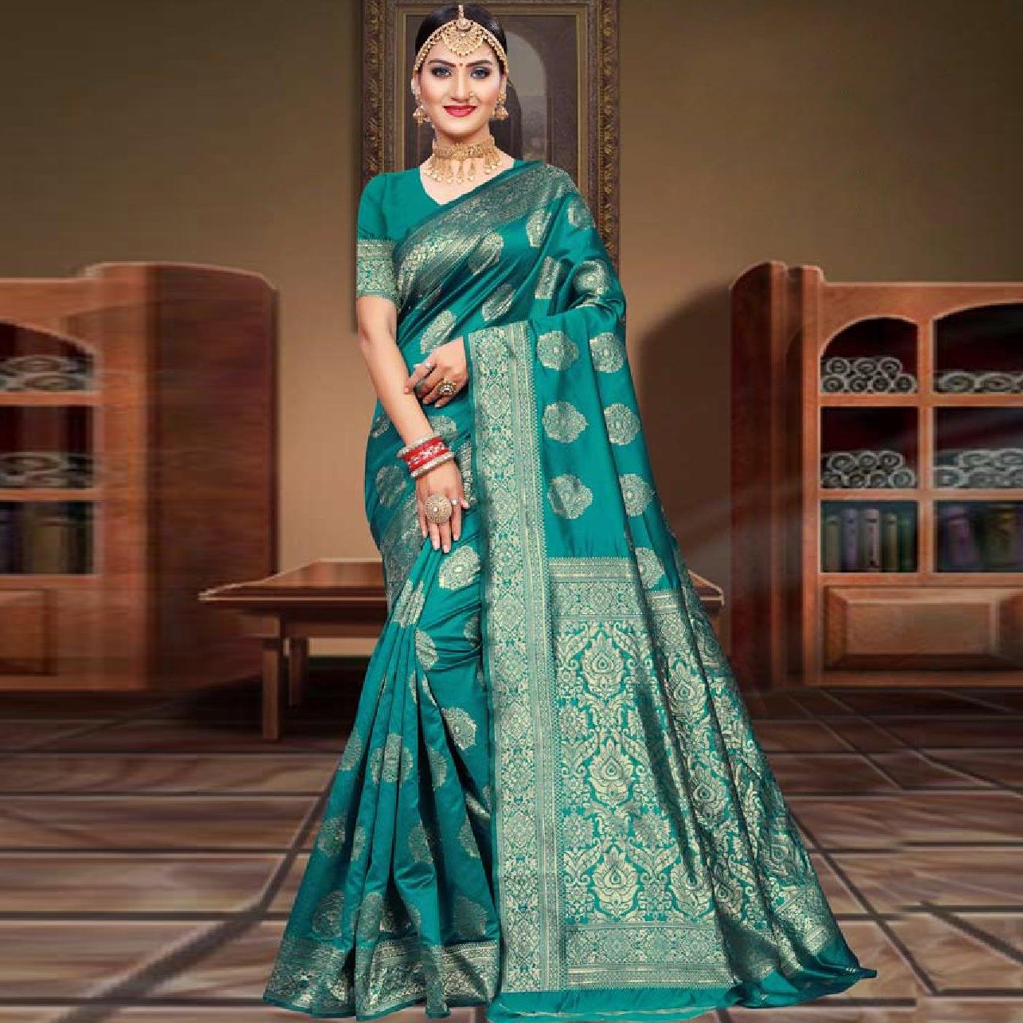 Excellent Turquoise Green Colored Festive Wear Woven Art Silk Saree - Peachmode