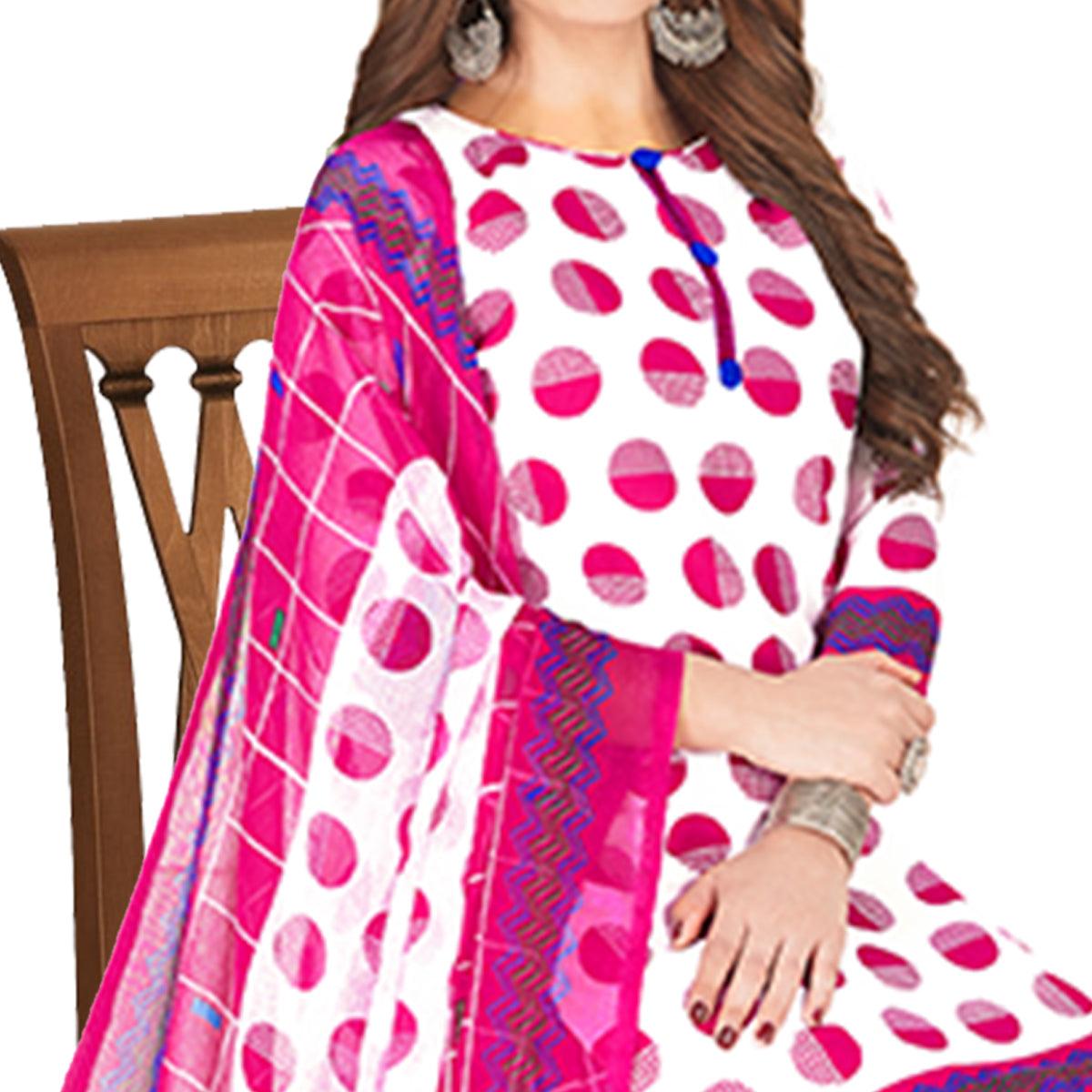 Excellent White - Pink Colored Casual Wear Printed Crepe Patiala Dress Material - Peachmode