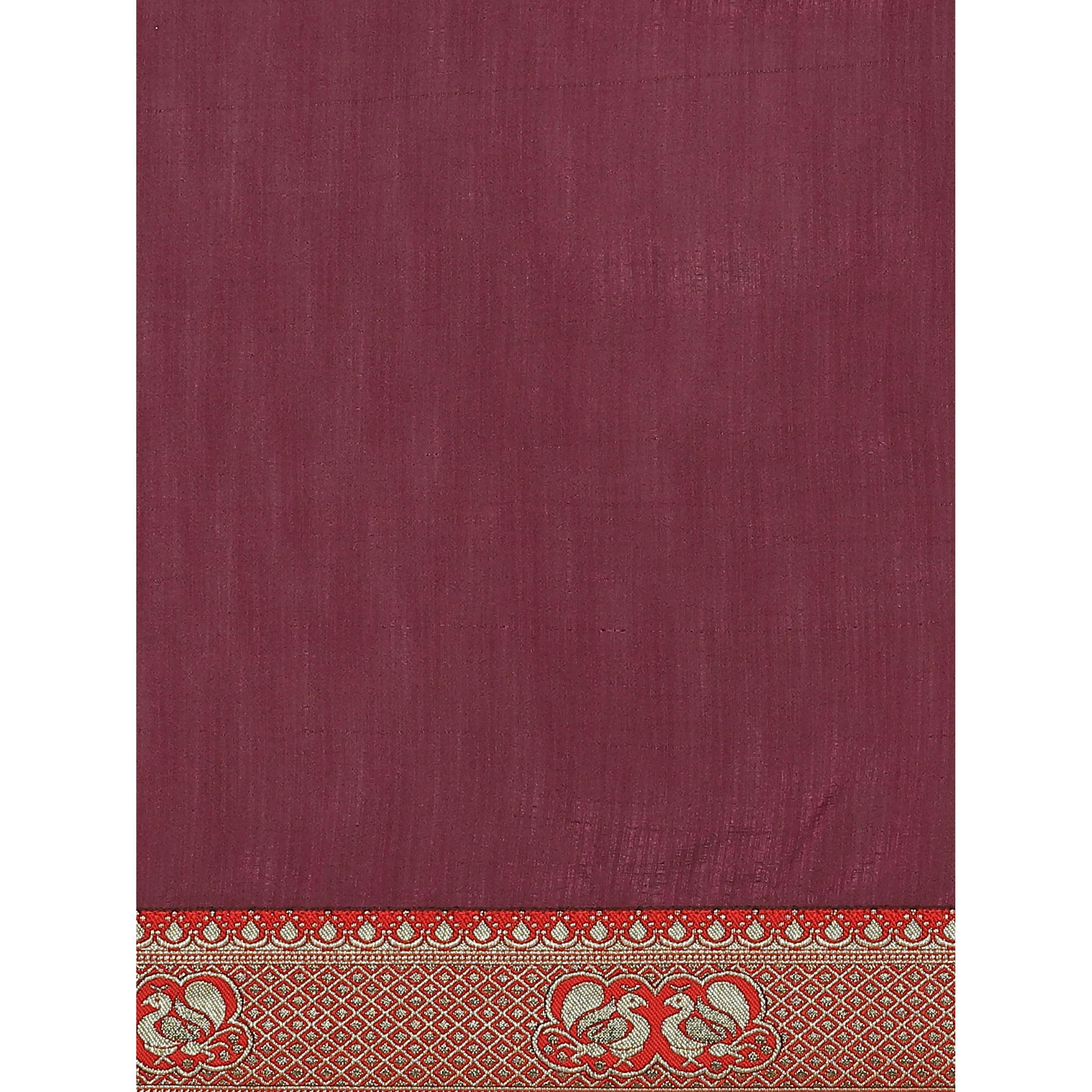 Excellent Wine Colored Festive Woven Silk Blend Saree - Peachmode