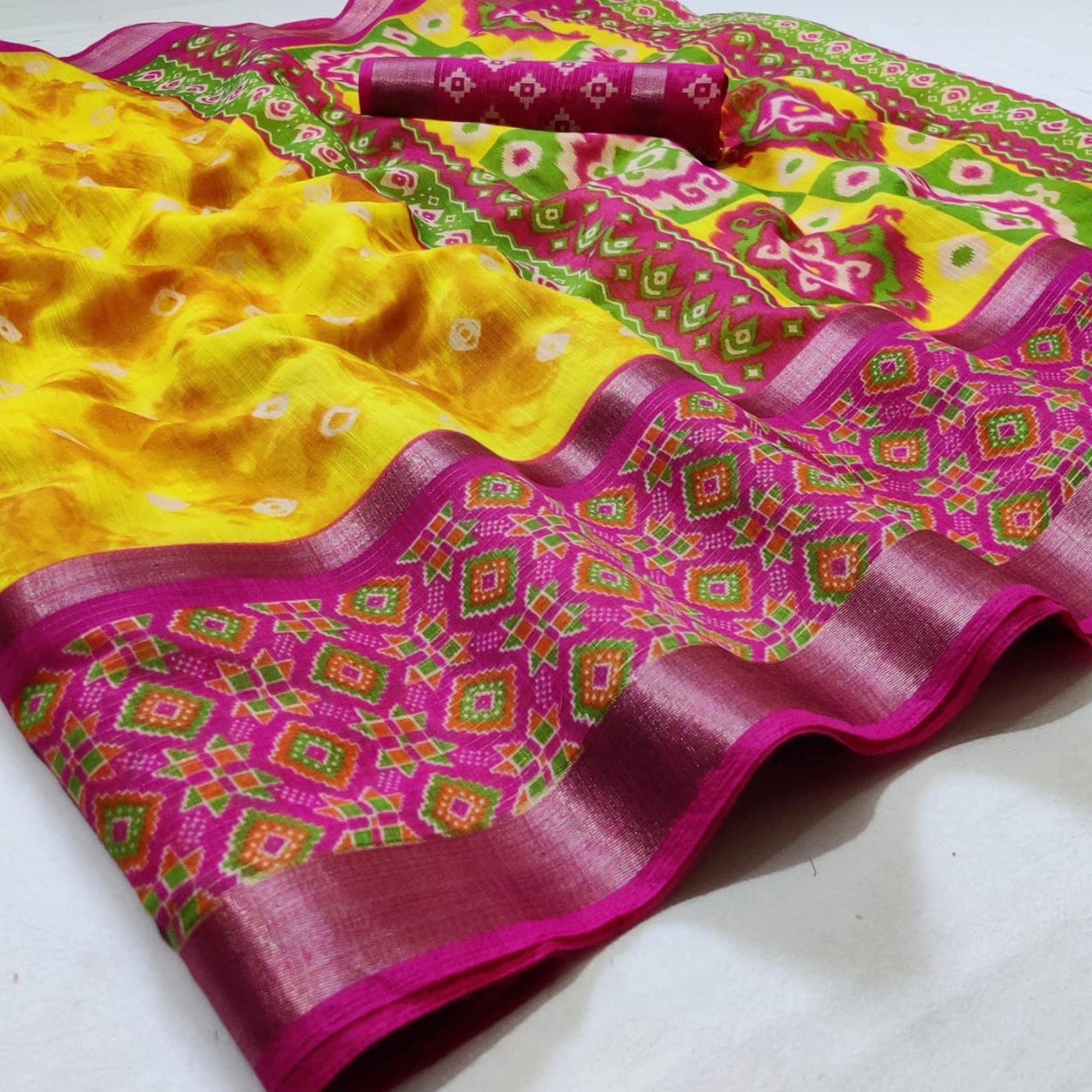 Excellent Yellow Colored Casual Wear Printed Cotton Saree - Peachmode