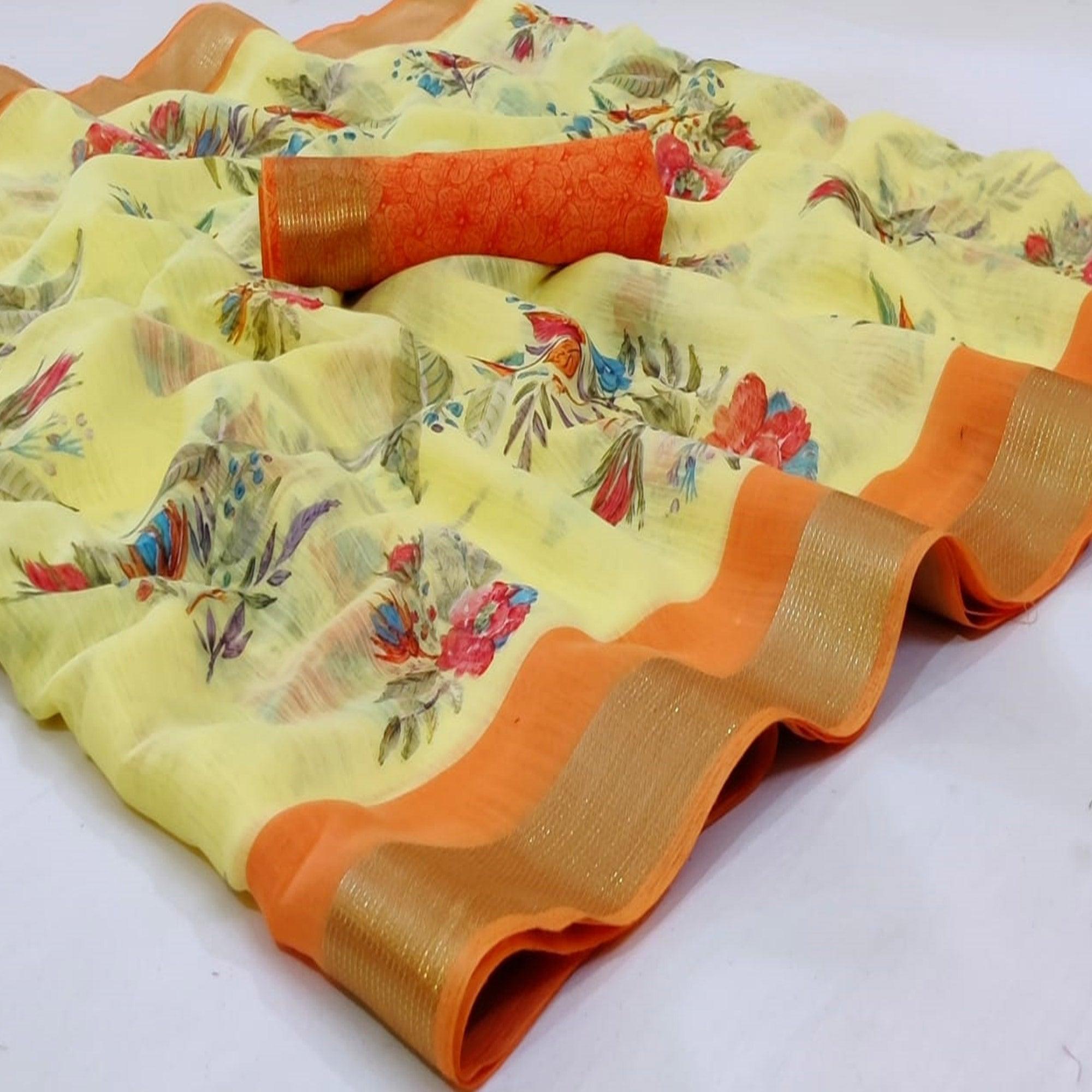 Excellent Yellow Colored Casual Wear Printed Linen Saree - Peachmode