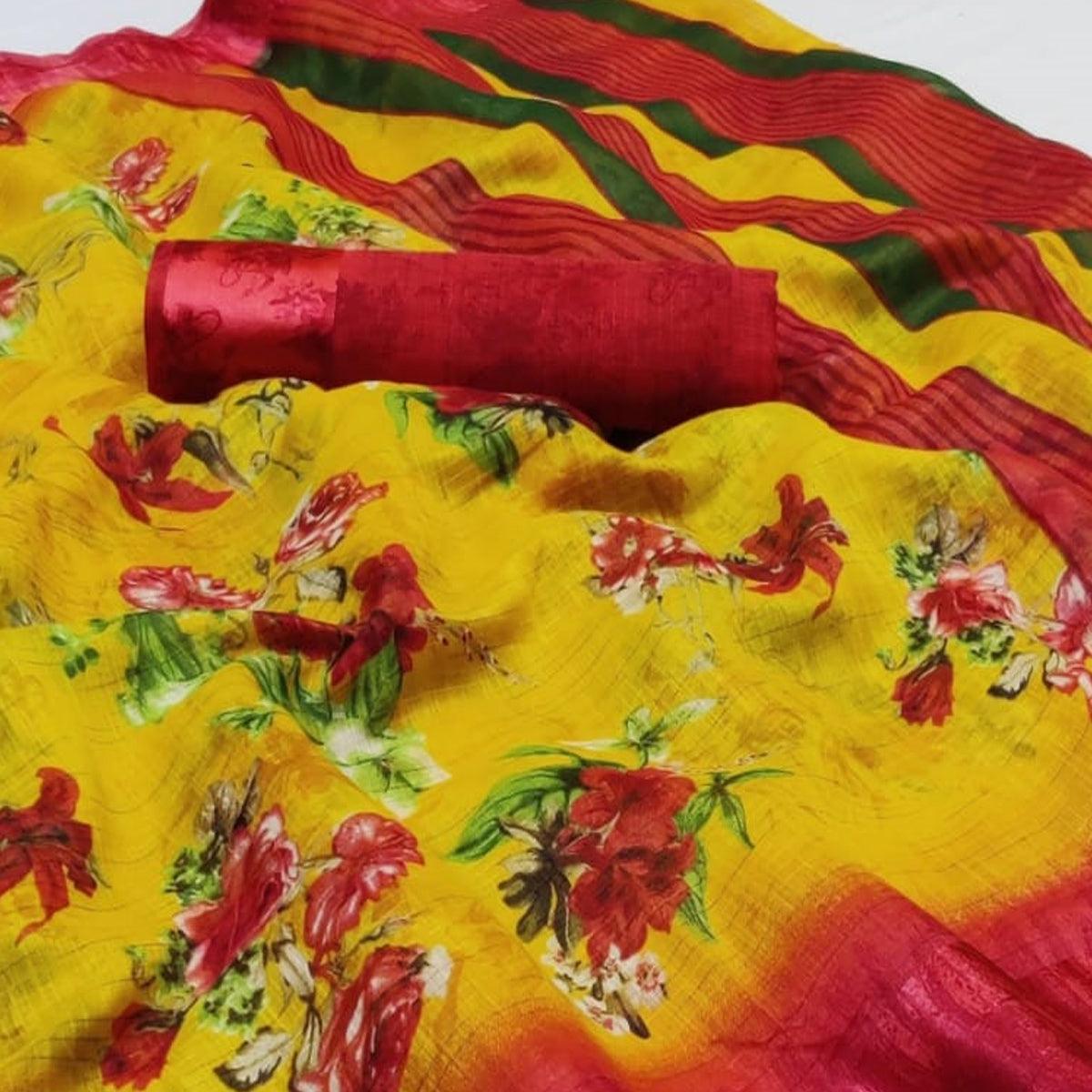 Excellent Yellow Colored Casual Wear Printed Linen Saree - Peachmode