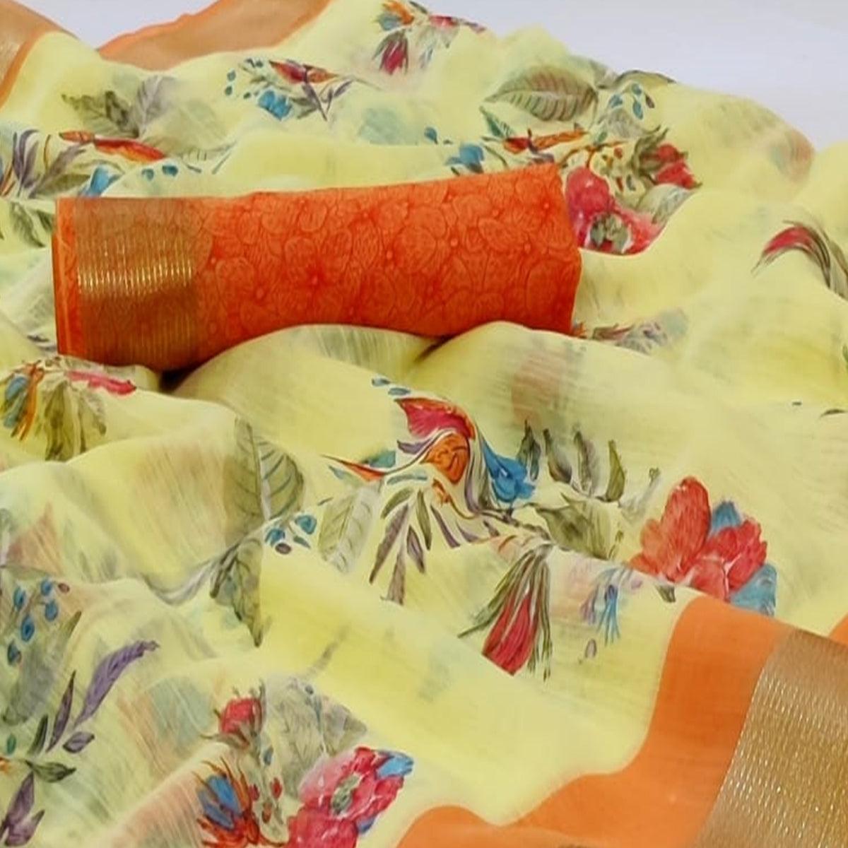 Excellent Yellow Colored Casual Wear Printed Linen Saree - Peachmode