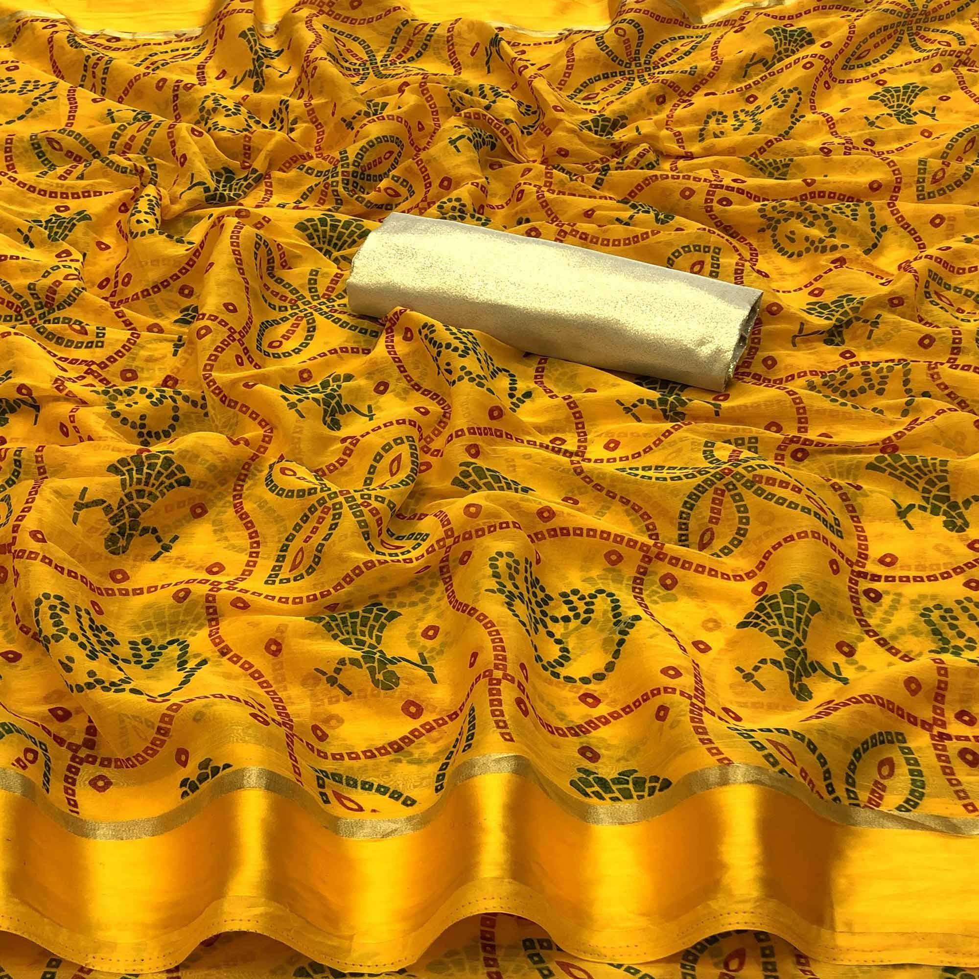 Excellent Yellow Colored Festive Wear Woven Chiffon Saree - Peachmode
