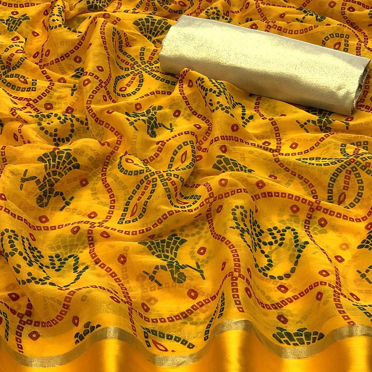 Excellent Yellow Colored Festive Wear Woven Chiffon Saree - Peachmode