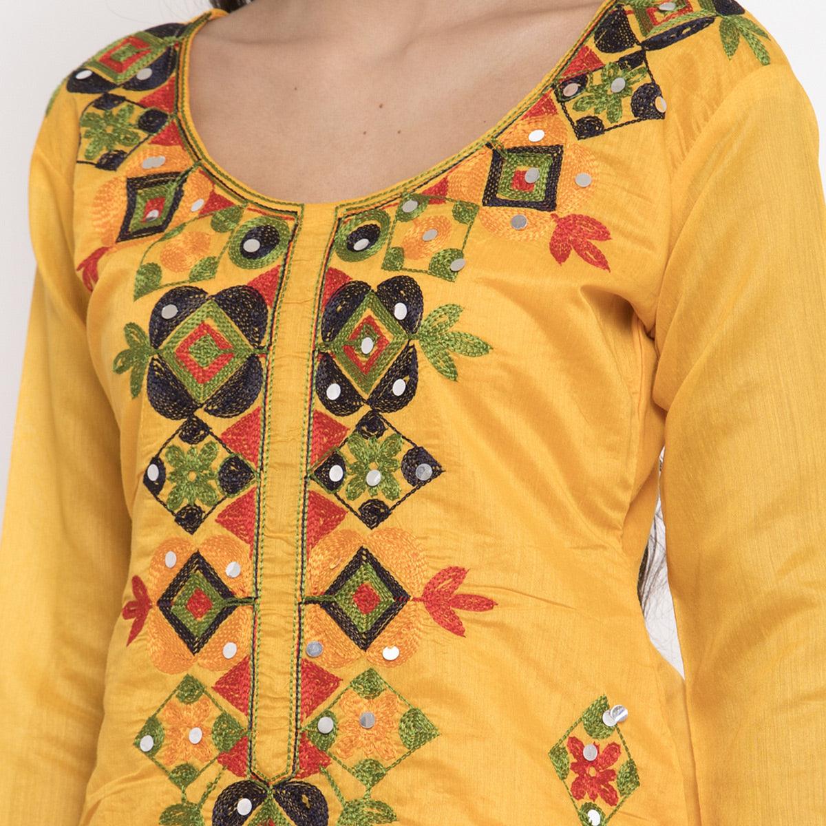 Excellent Yellow Colored Party Wear Embroidered Chanderi Dress Material - Peachmode