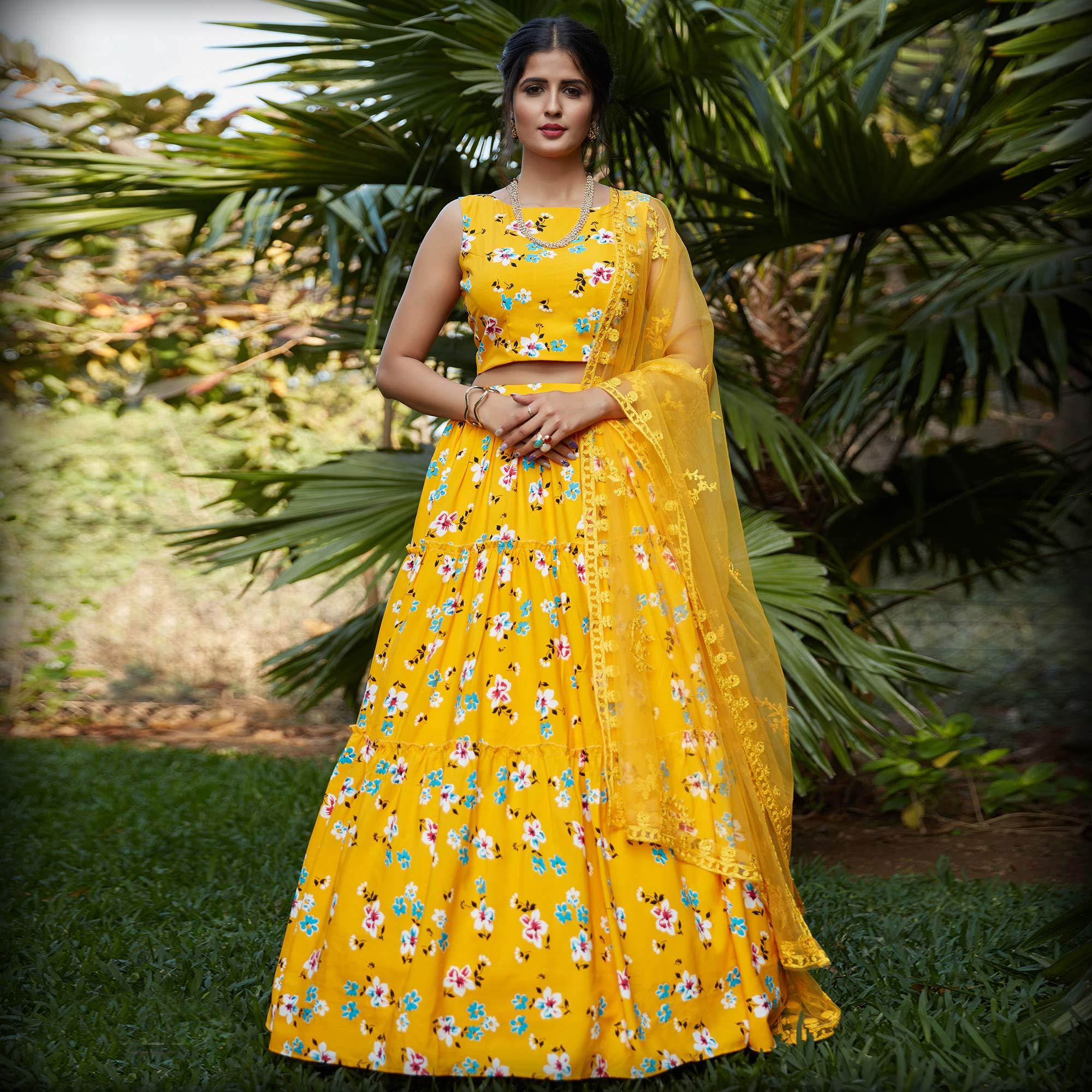 Excellent Yellow Colored Wedding Partywear Printed Silk Crepe Lehenga Choli - Peachmode