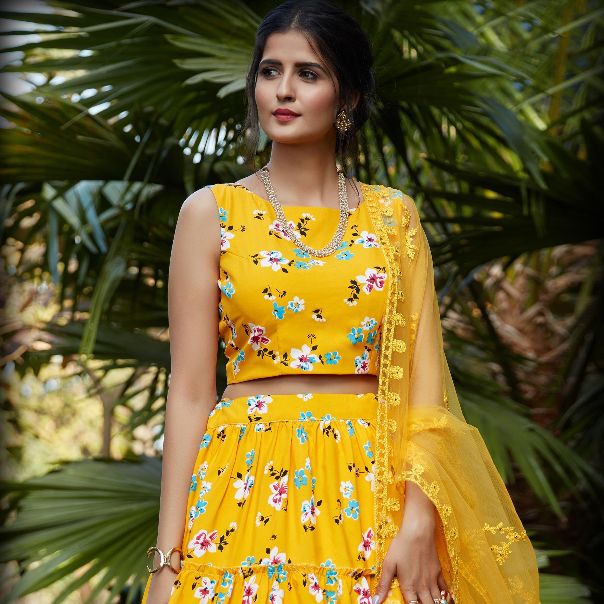 Excellent Yellow Colored Wedding Partywear Printed Silk Crepe Lehenga Choli - Peachmode