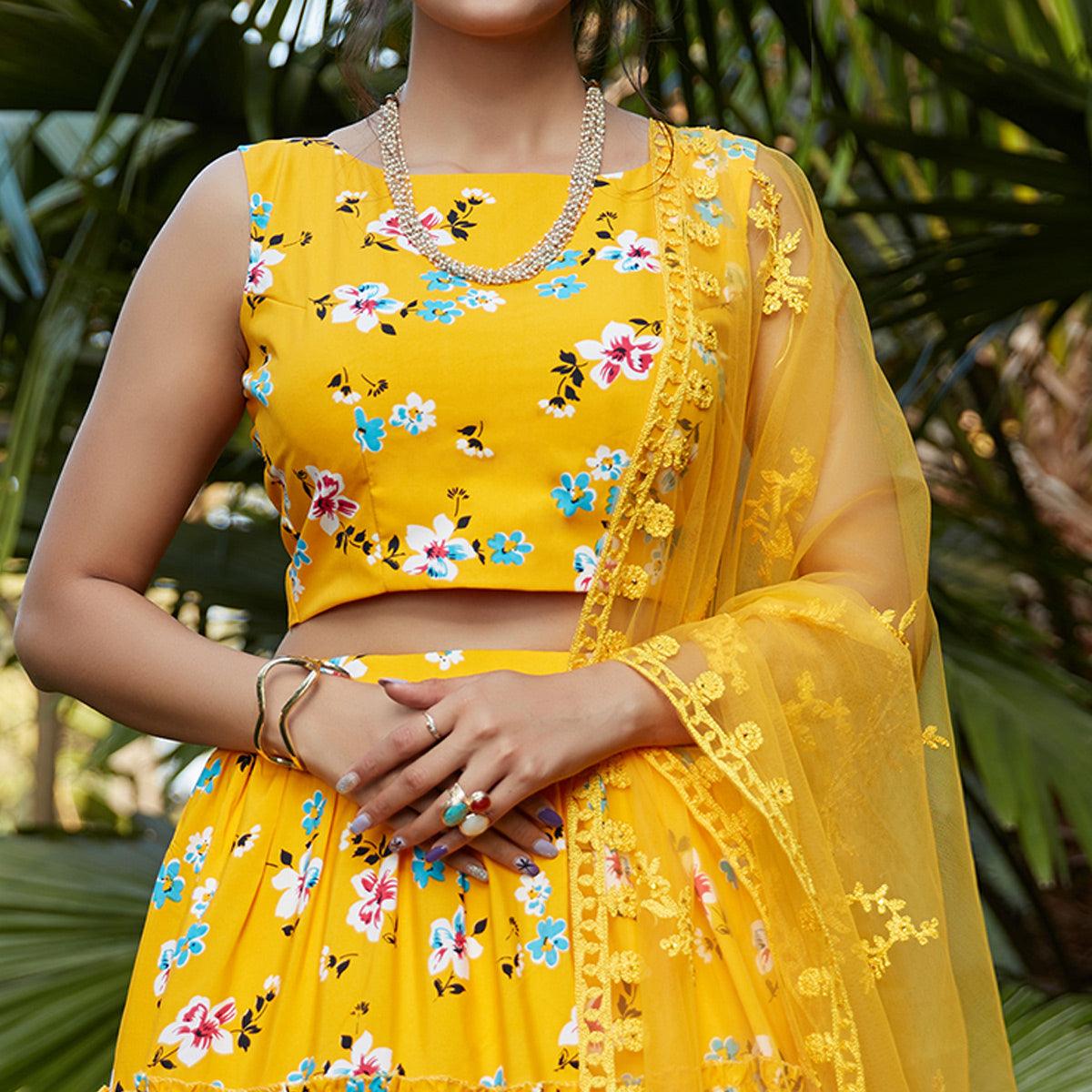 Excellent Yellow Colored Wedding Partywear Printed Silk Crepe Lehenga Choli - Peachmode
