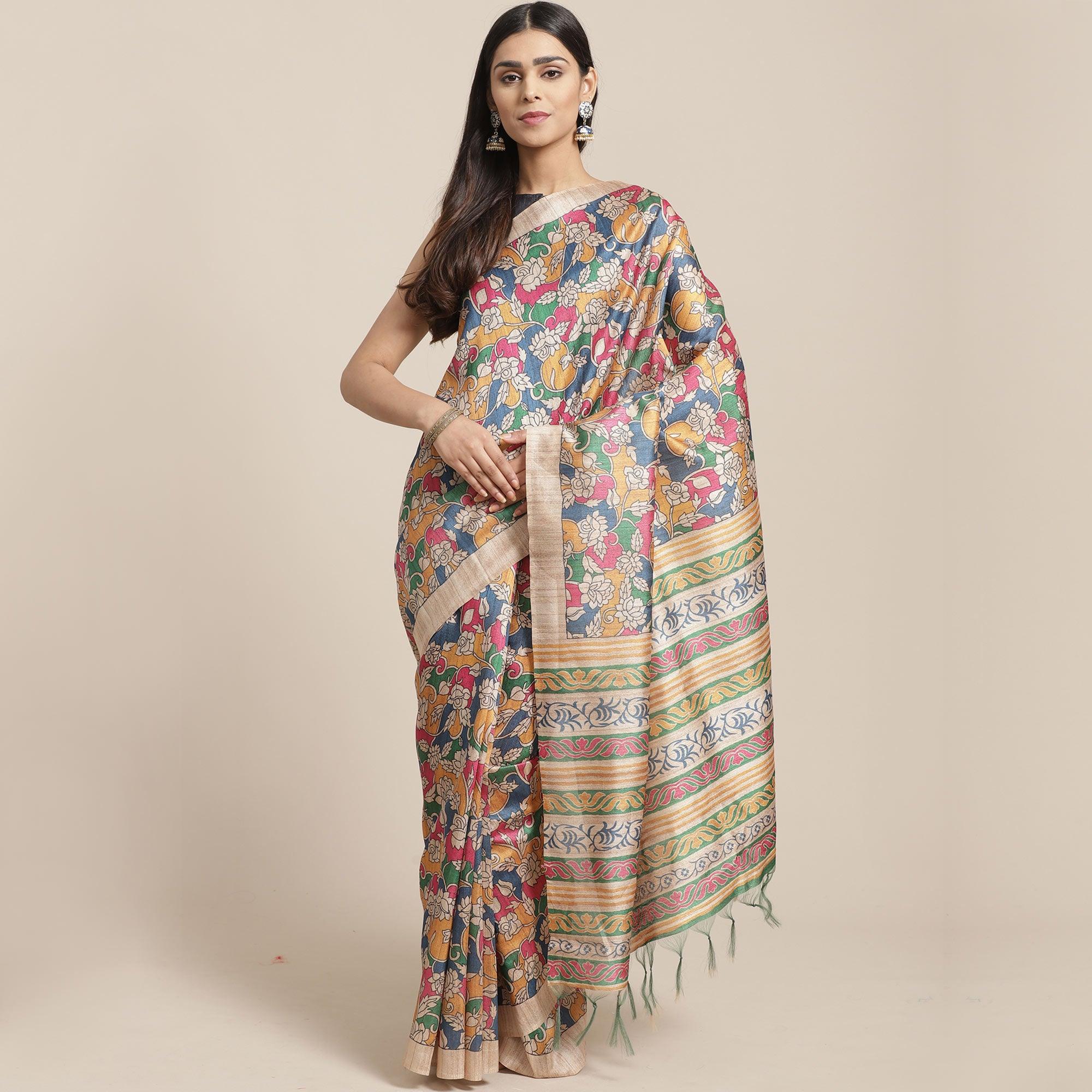 Exceptional Beige-Multi Colored Casual Wear Floral Printed Silk Blend Saree With Tassels - Peachmode