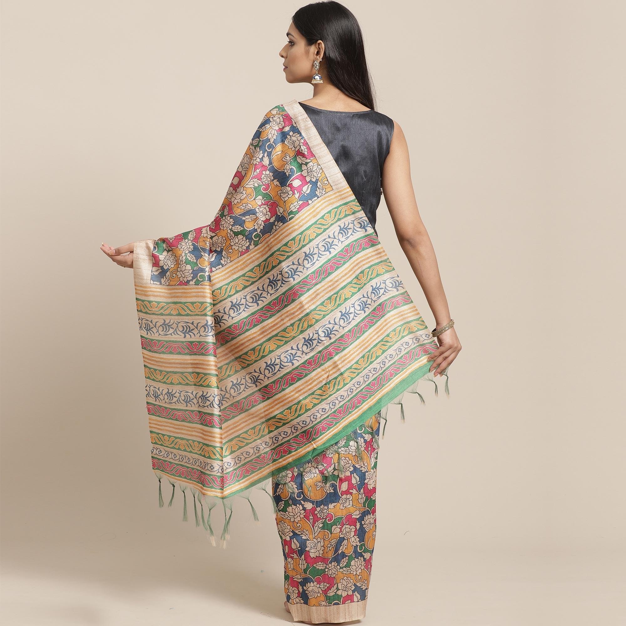 Exceptional Beige-Multi Colored Casual Wear Floral Printed Silk Blend Saree With Tassels - Peachmode