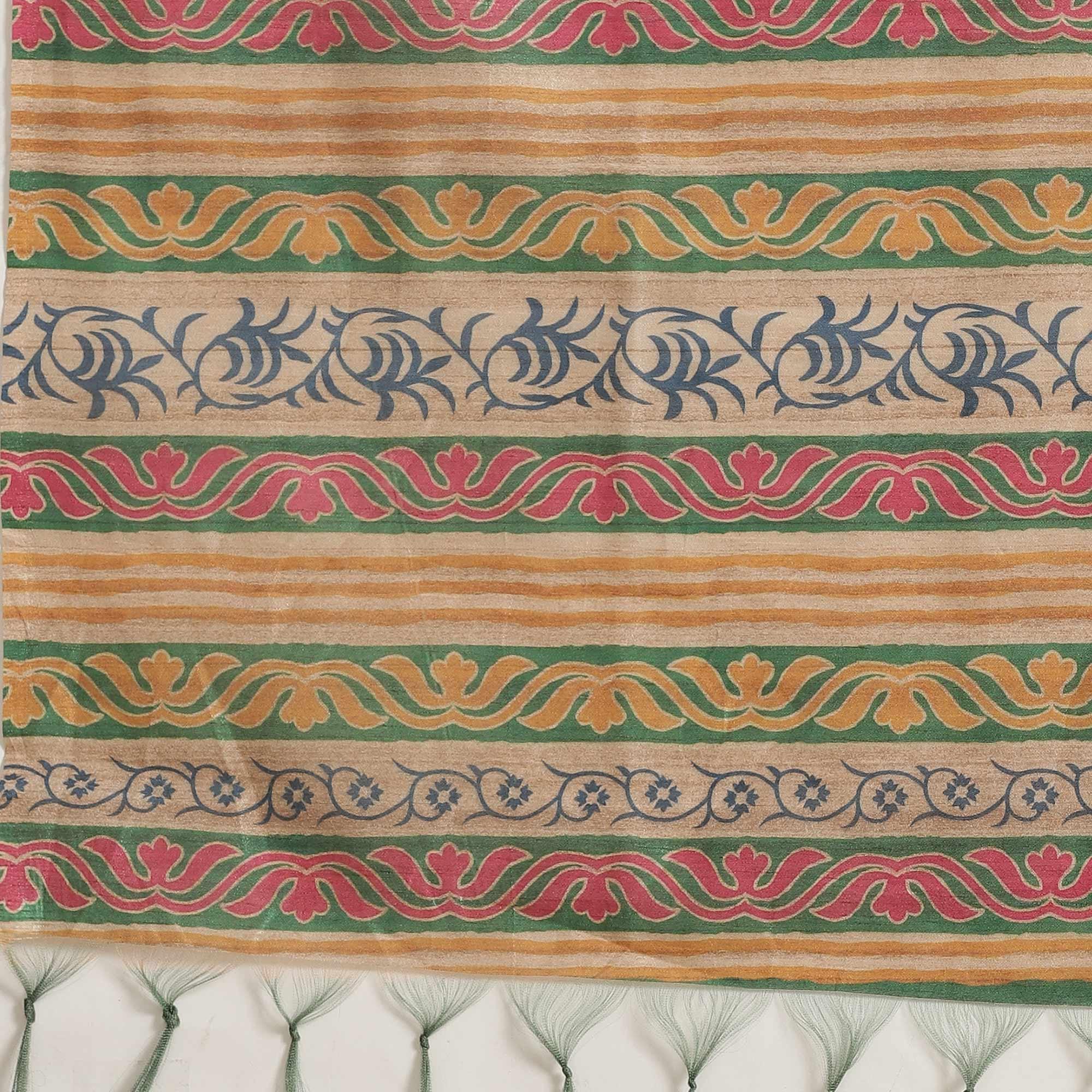 Exceptional Beige-Multi Colored Casual Wear Floral Printed Silk Blend Saree With Tassels - Peachmode