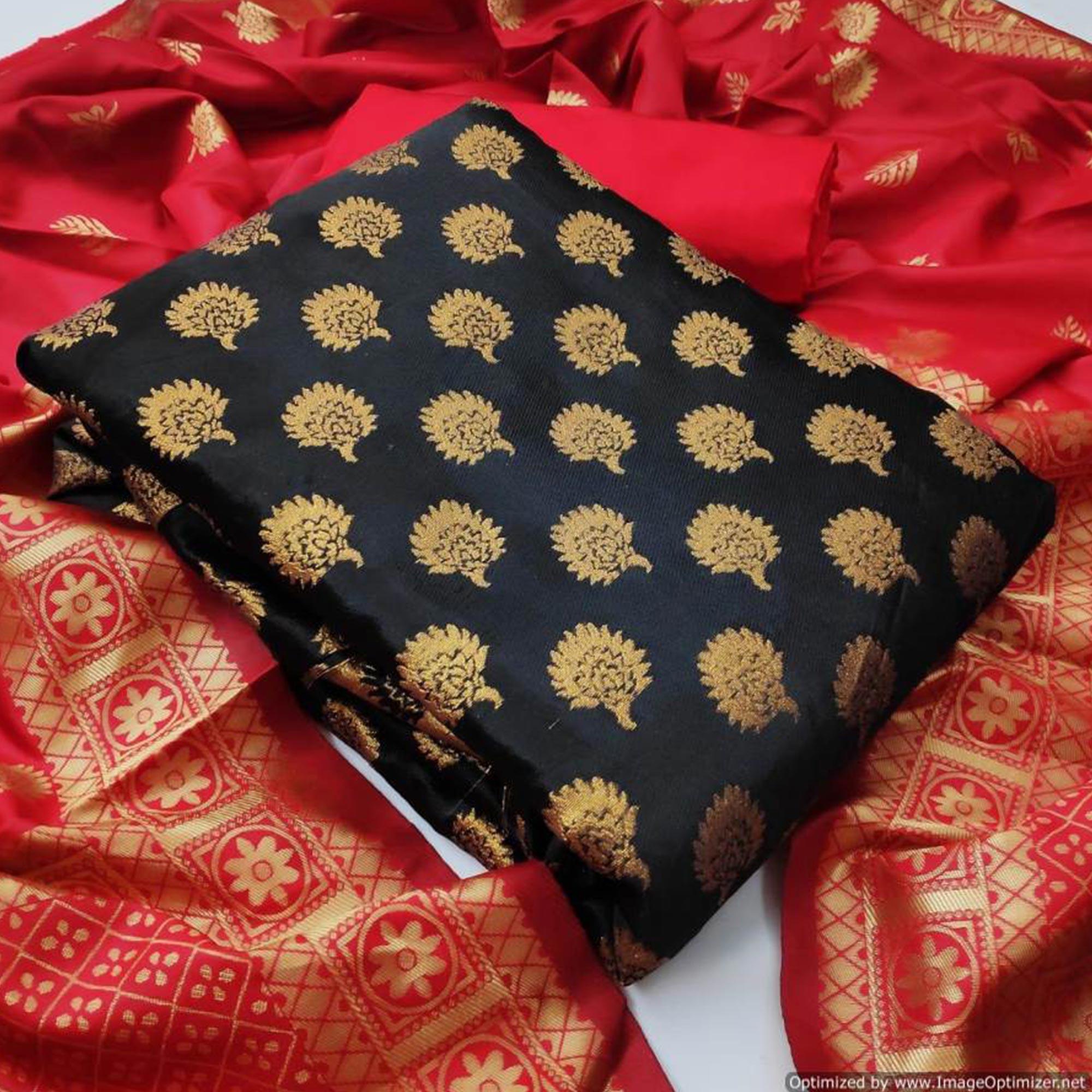 Exceptional Black Colored Casual Wear Banarasi Silk Dress Material - Peachmode