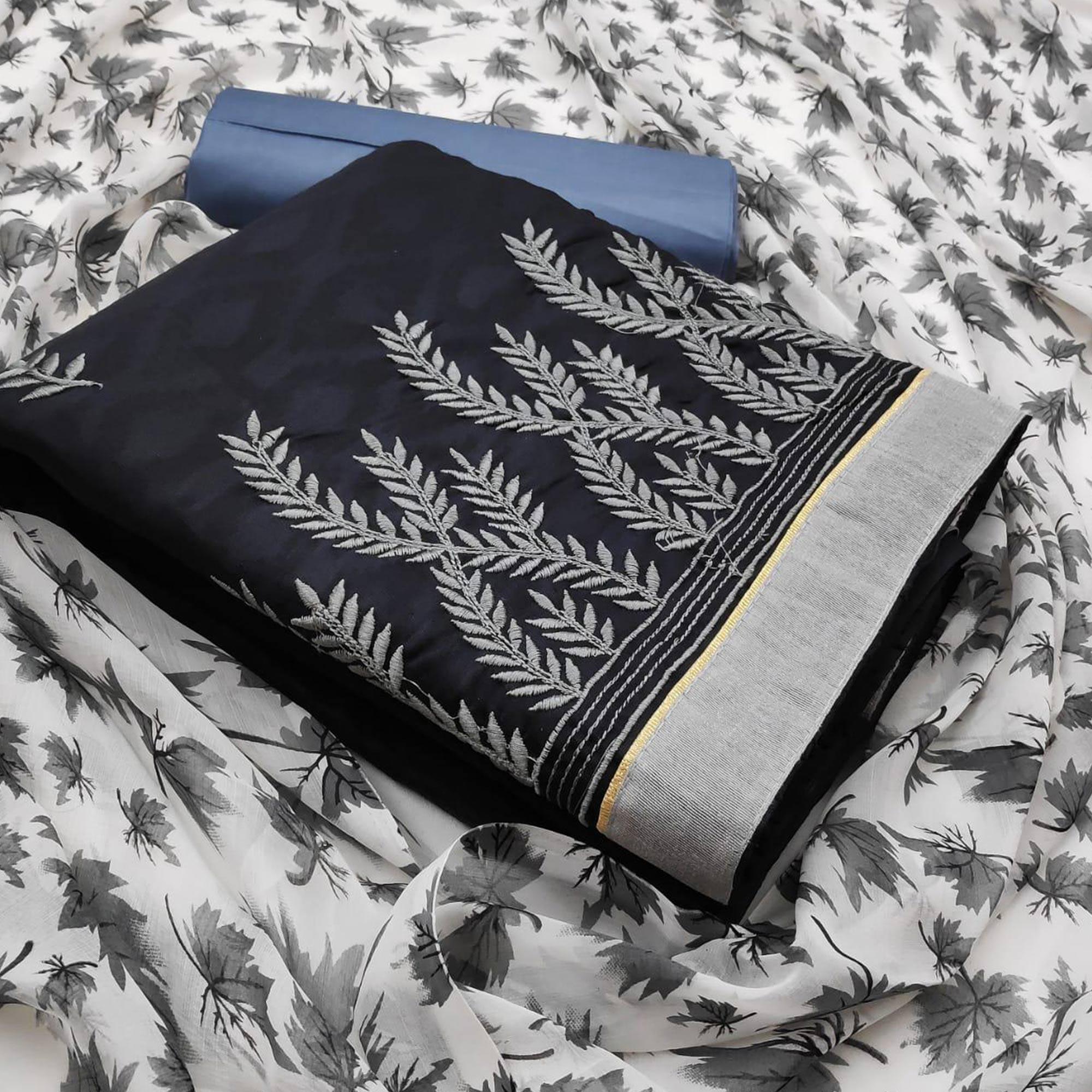 Exceptional Black Colored Casual Wear Embroidered Jacquard Dress Material - Peachmode