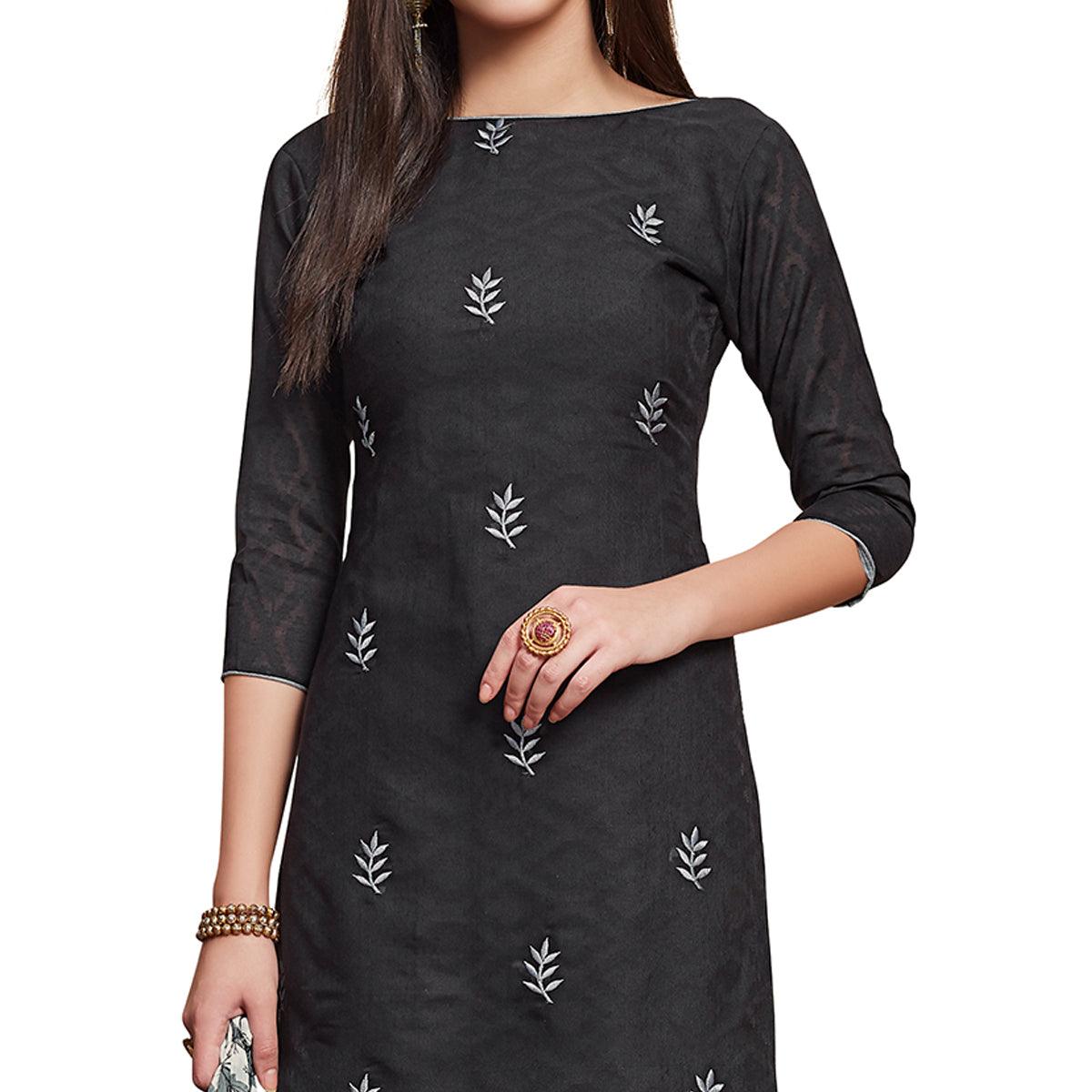 Exceptional Black Colored Casual Wear Embroidered Jacquard Dress Material - Peachmode
