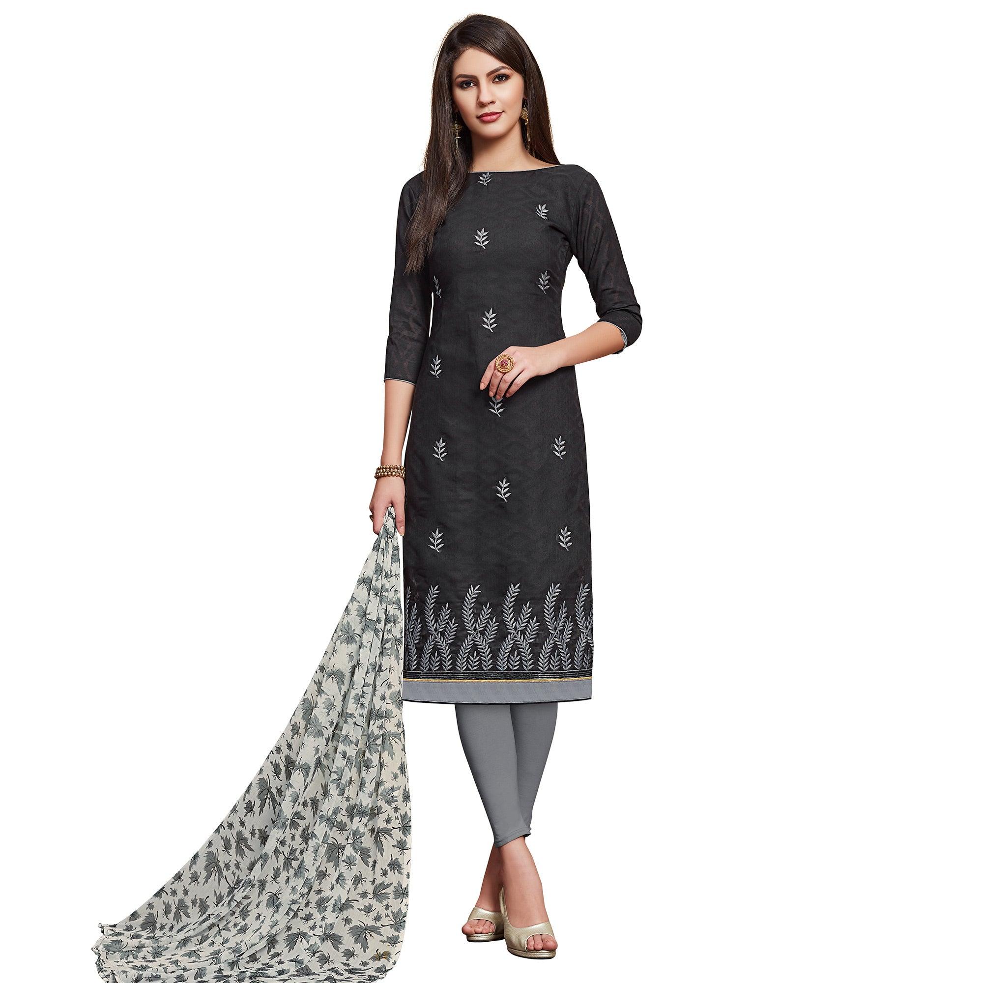 Exceptional Black Colored Casual Wear Embroidered Jacquard Dress Material - Peachmode