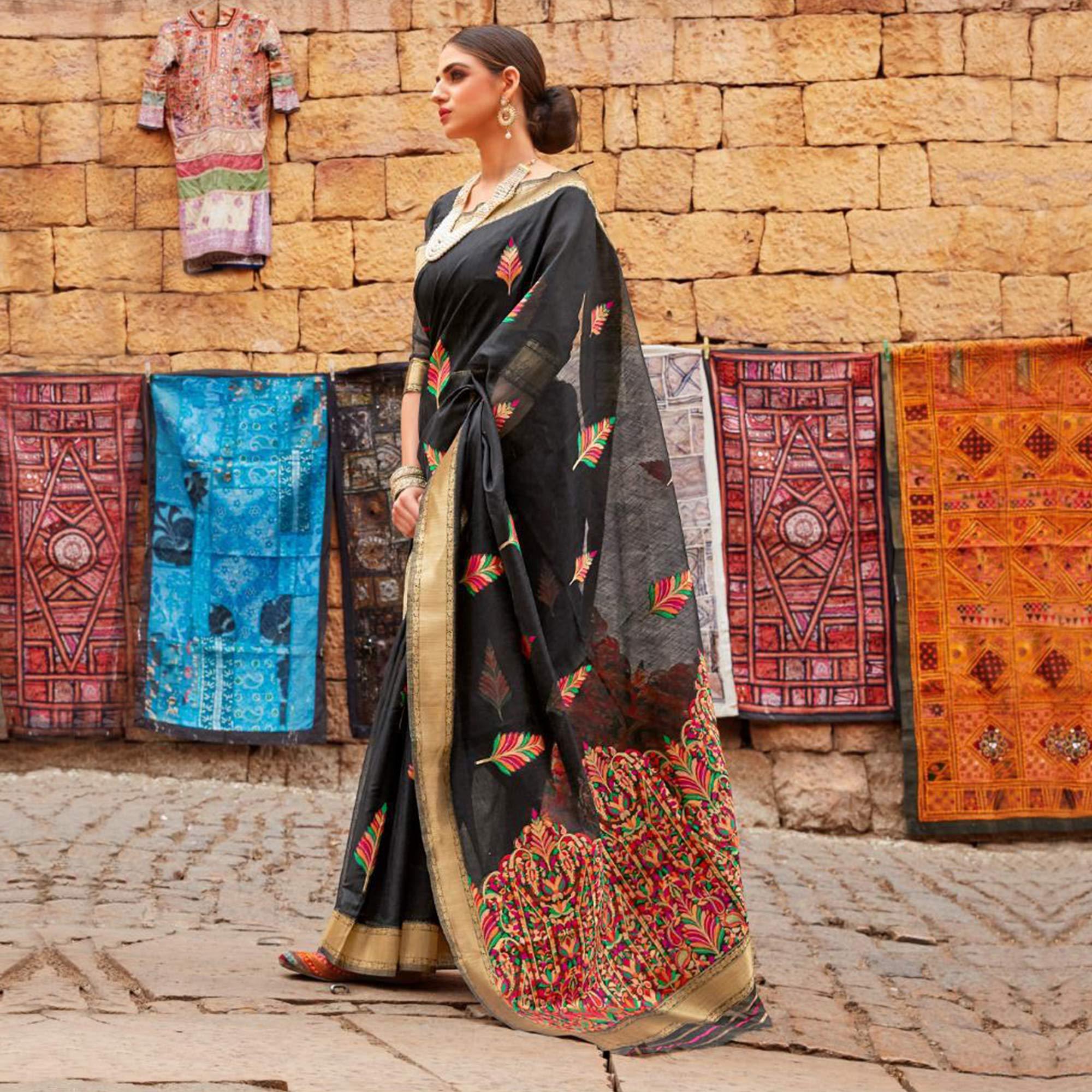 Exceptional Black Colored Partywear Printed Linen Saree - Peachmode