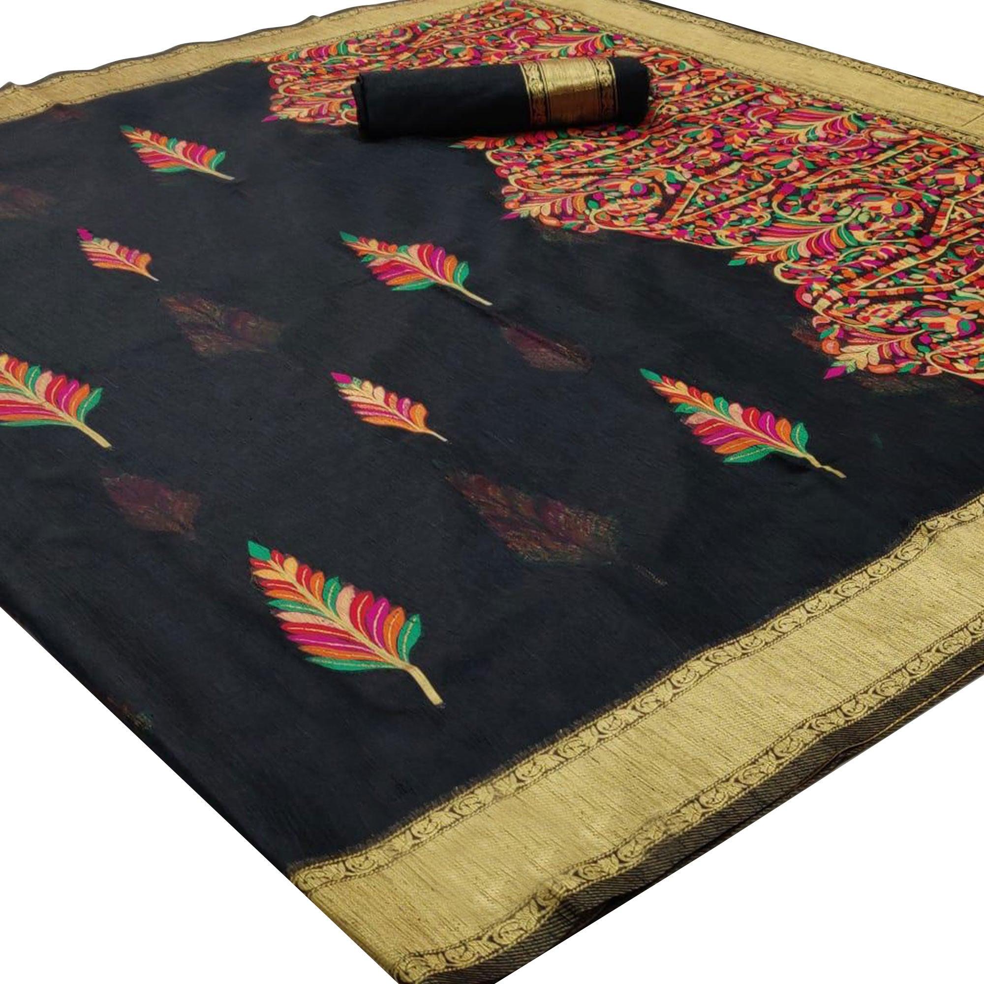 Exceptional Black Colored Partywear Printed Linen Saree - Peachmode