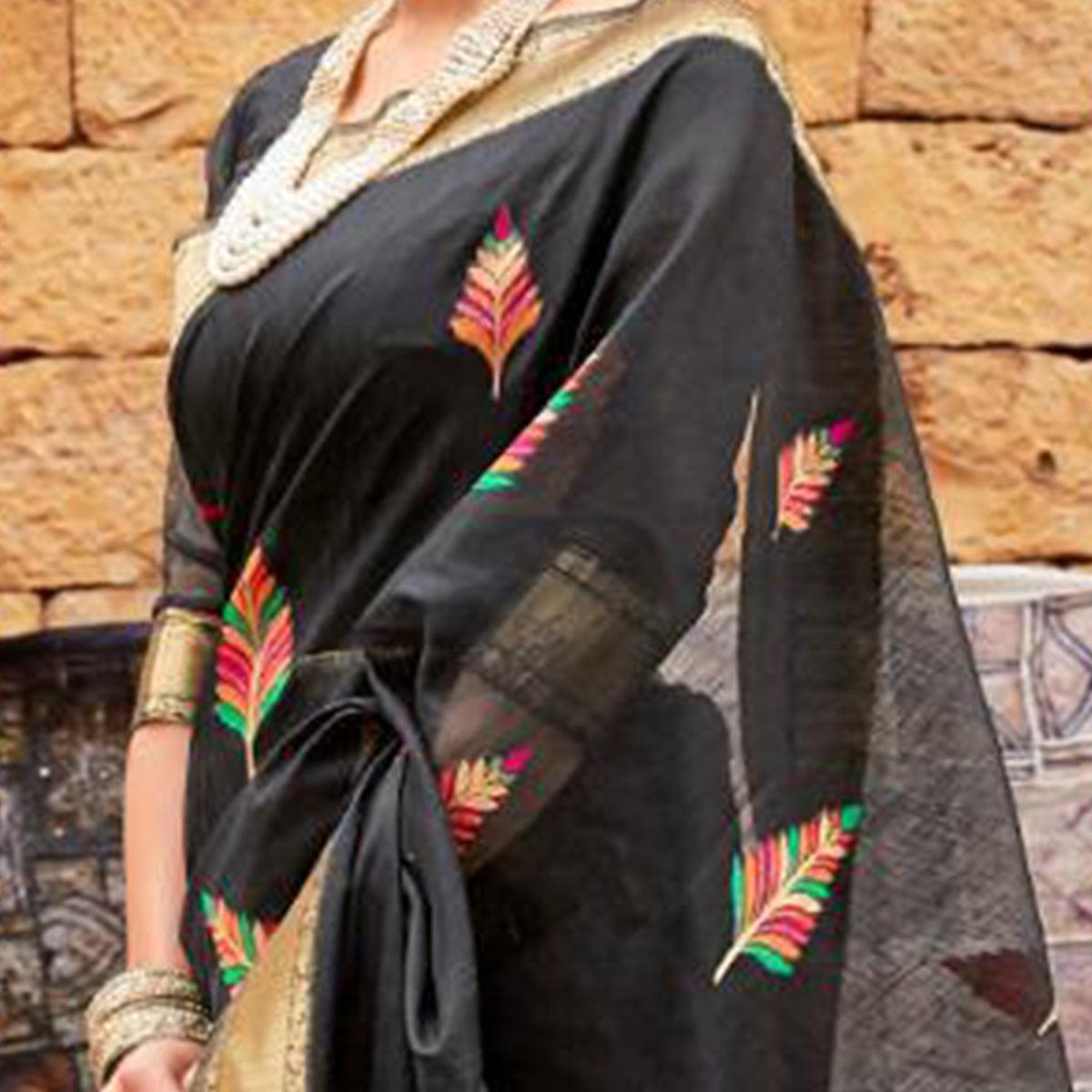Exceptional Black Colored Partywear Printed Linen Saree - Peachmode