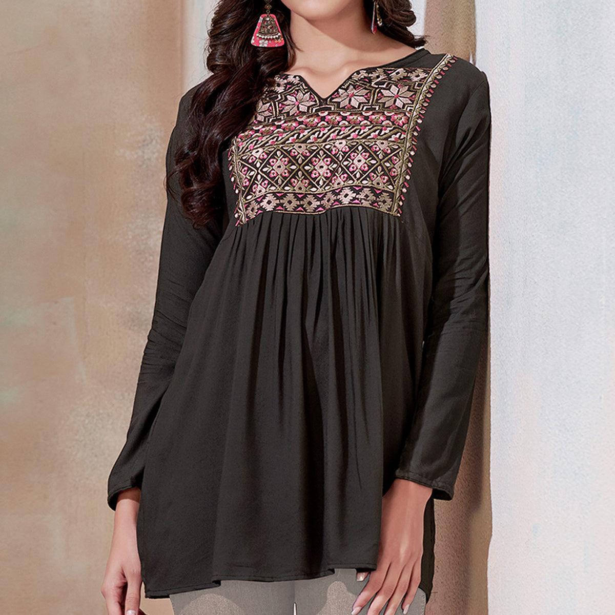 Exceptional Blackish Gray Colored Partywear Embroidered Rayon Western Top - Peachmode