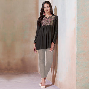 Exceptional Blackish Gray Colored Partywear Embroidered Rayon Western Top - Peachmode