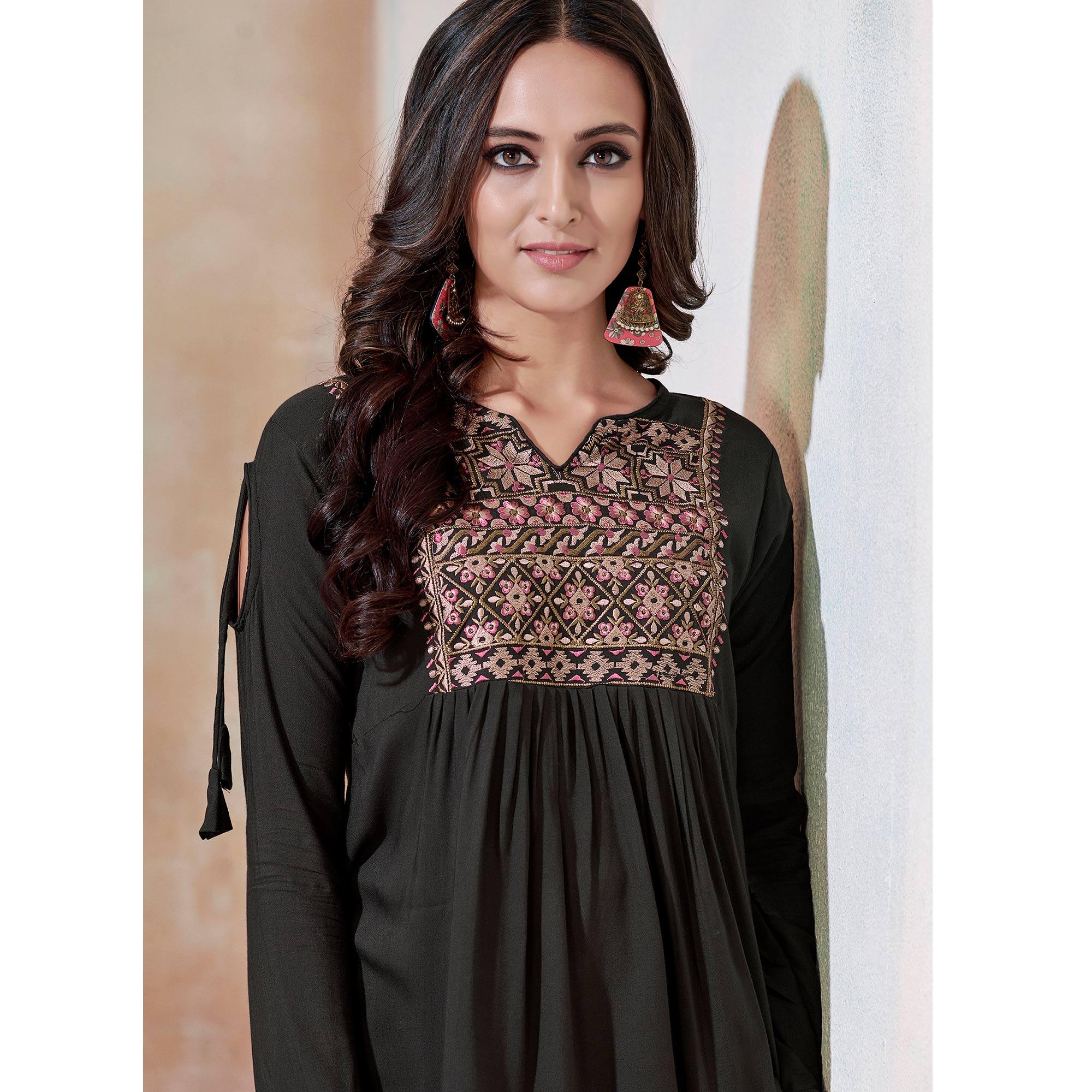 Exceptional Blackish Gray Colored Partywear Embroidered Rayon Western Top - Peachmode