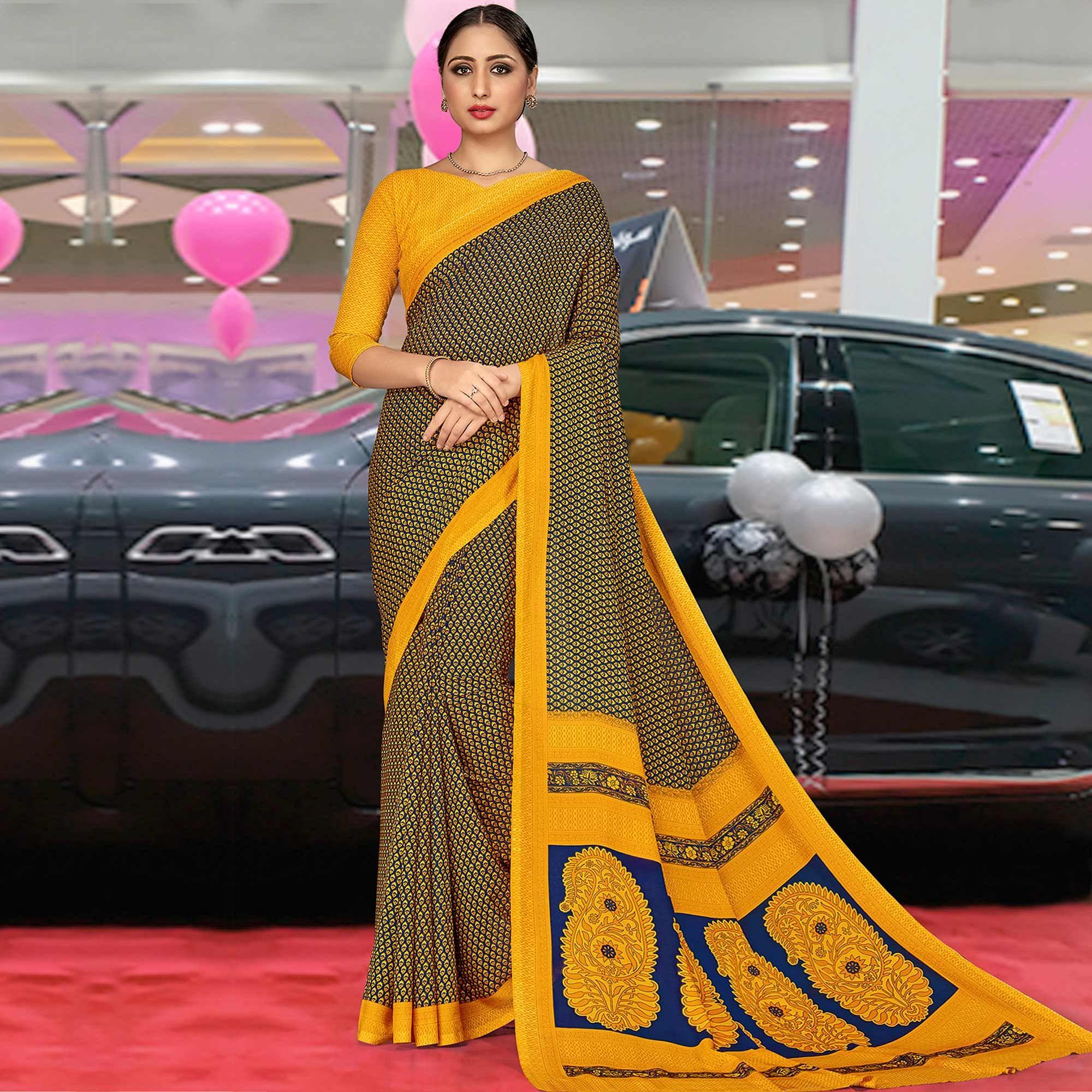Exceptional Blue & Mustard Coloured Casual Wear Printed Crepe Saree - Peachmode