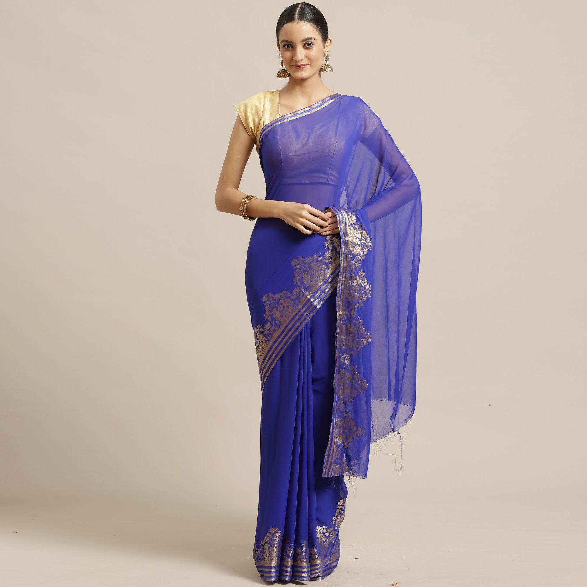 Exceptional Blue Colored Festive Wear Woven Chiffon Saree - Peachmode