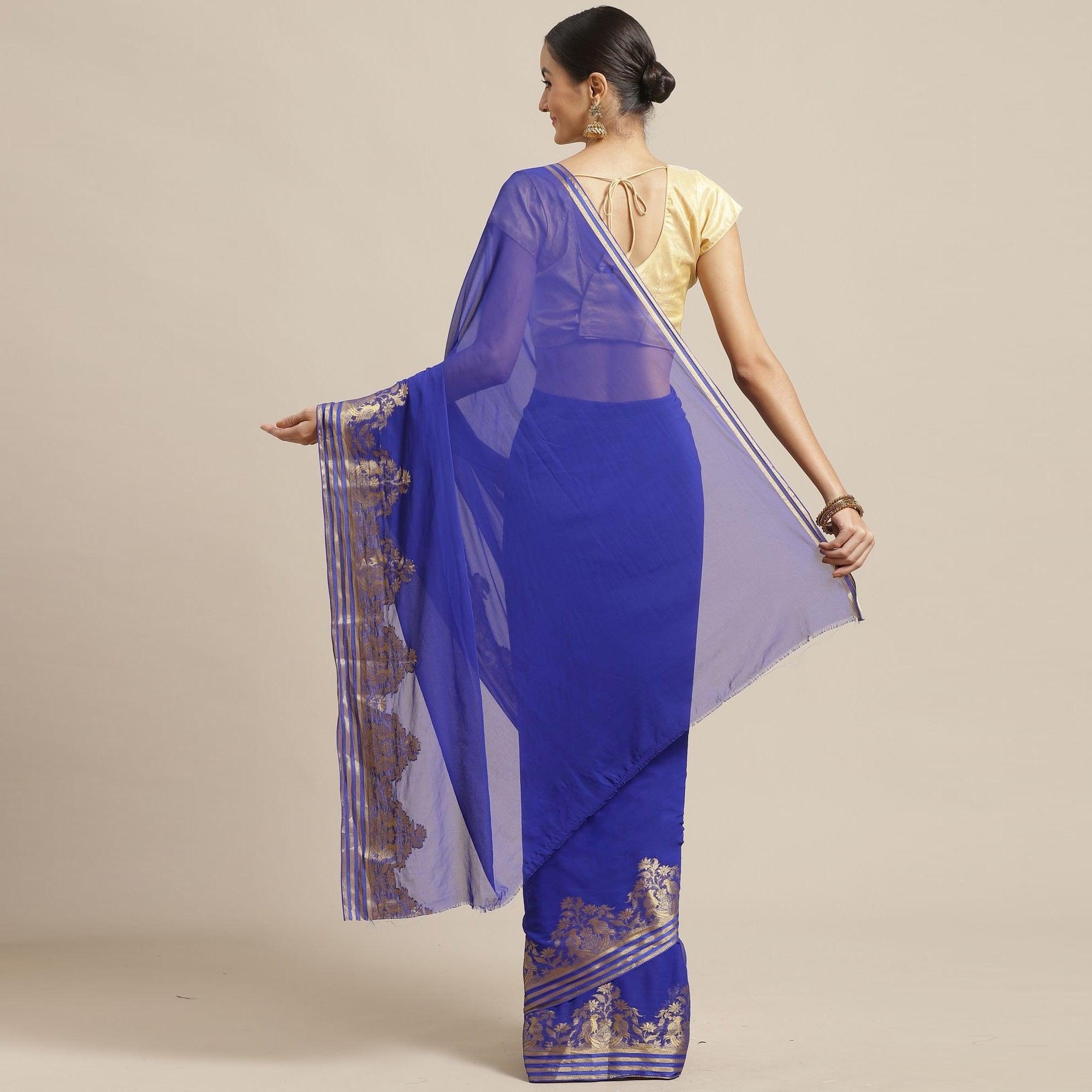 Exceptional Blue Colored Festive Wear Woven Chiffon Saree - Peachmode