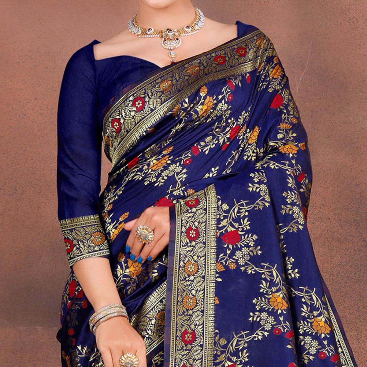 Exceptional Blue Colored Festive Wear Woven Silk Saree - Peachmode