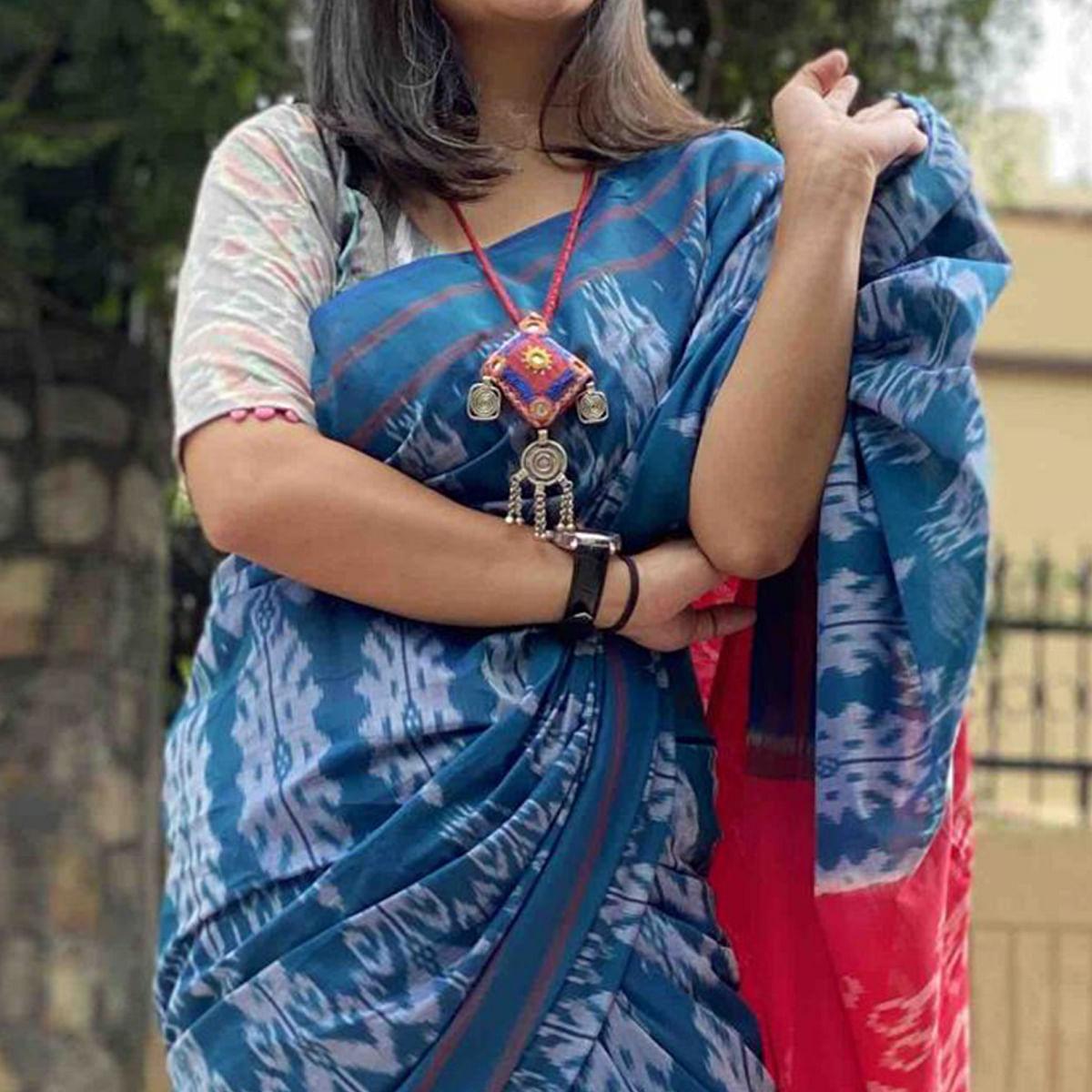 Exceptional Blue Colored Partywear Printed Silk Saree - Peachmode