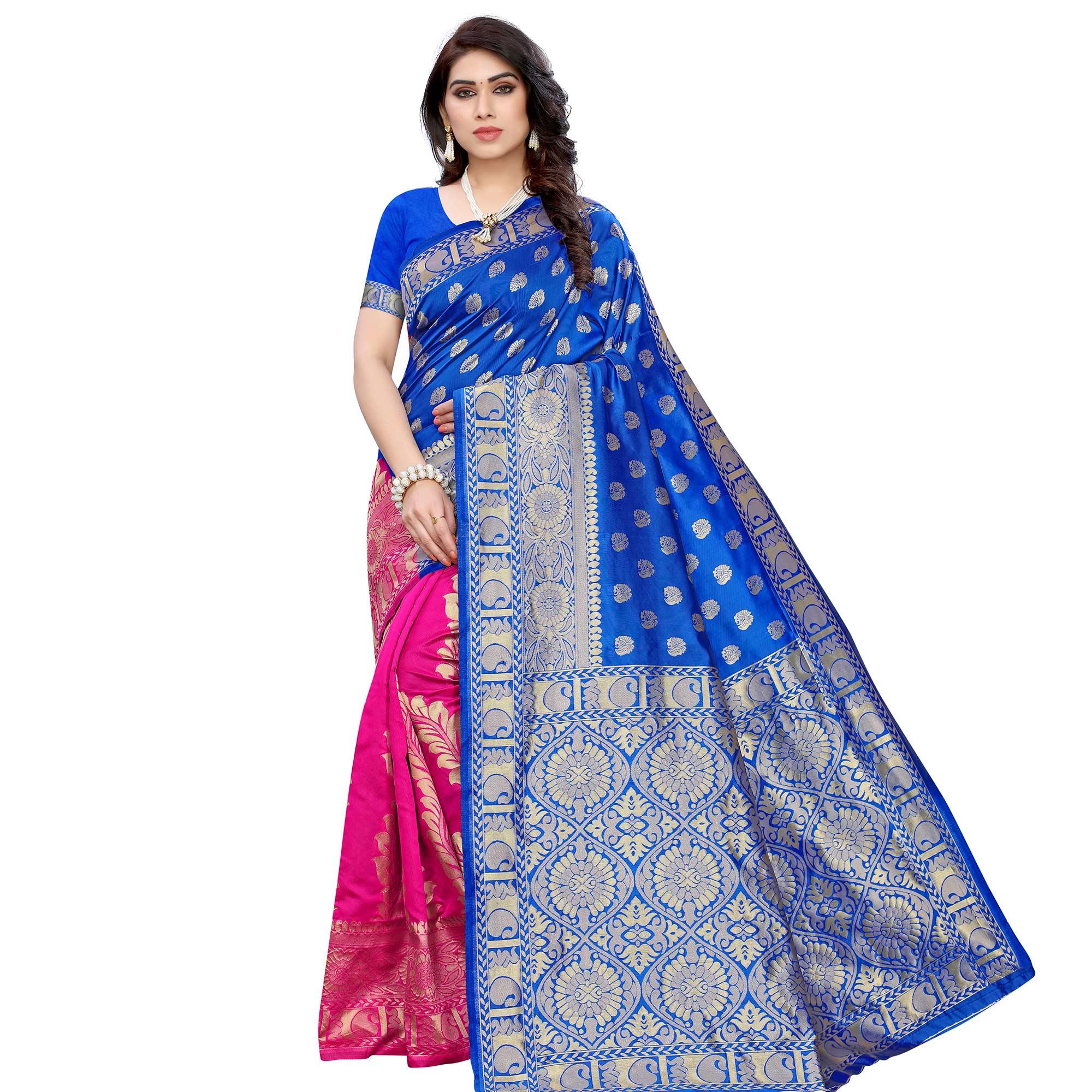 Exceptional Blue - Pink Colored Festive Wear Woven Jacquard Saree - Peachmode