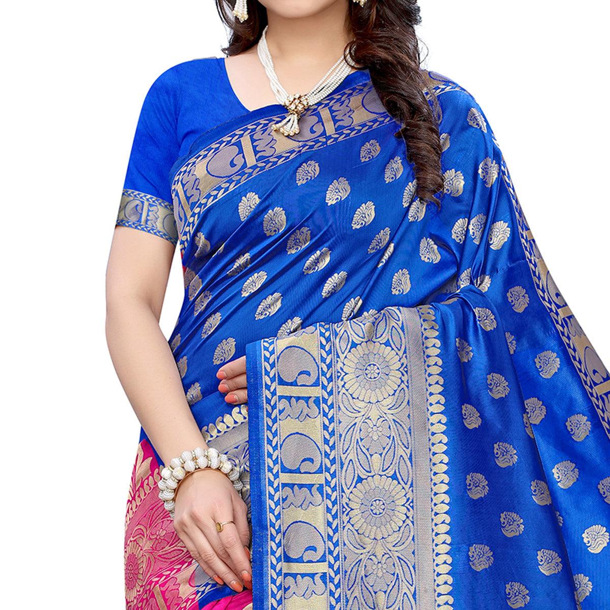Exceptional Blue - Pink Colored Festive Wear Woven Jacquard Saree - Peachmode