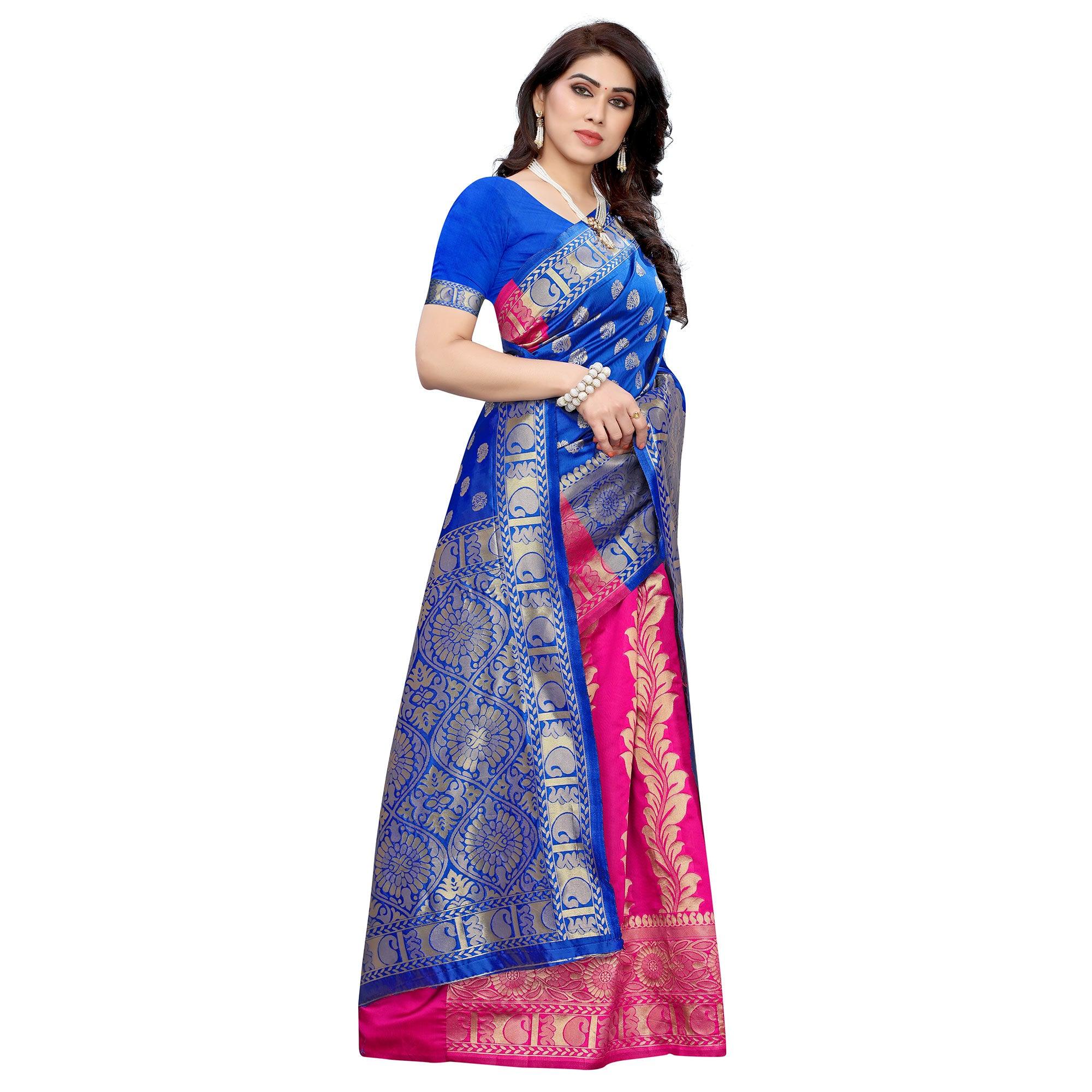 Exceptional Blue - Pink Colored Festive Wear Woven Jacquard Saree - Peachmode