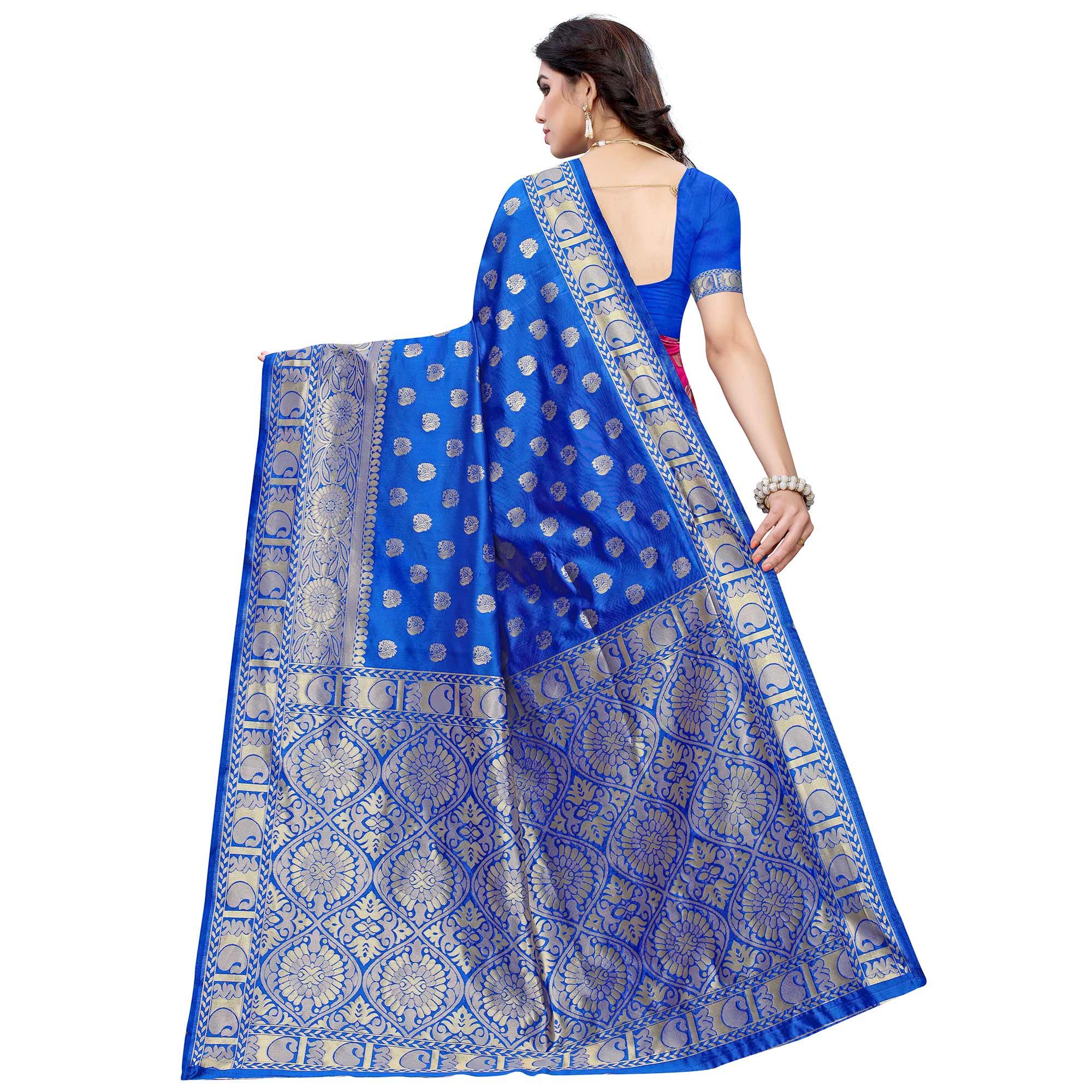 Exceptional Blue - Pink Colored Festive Wear Woven Jacquard Saree - Peachmode