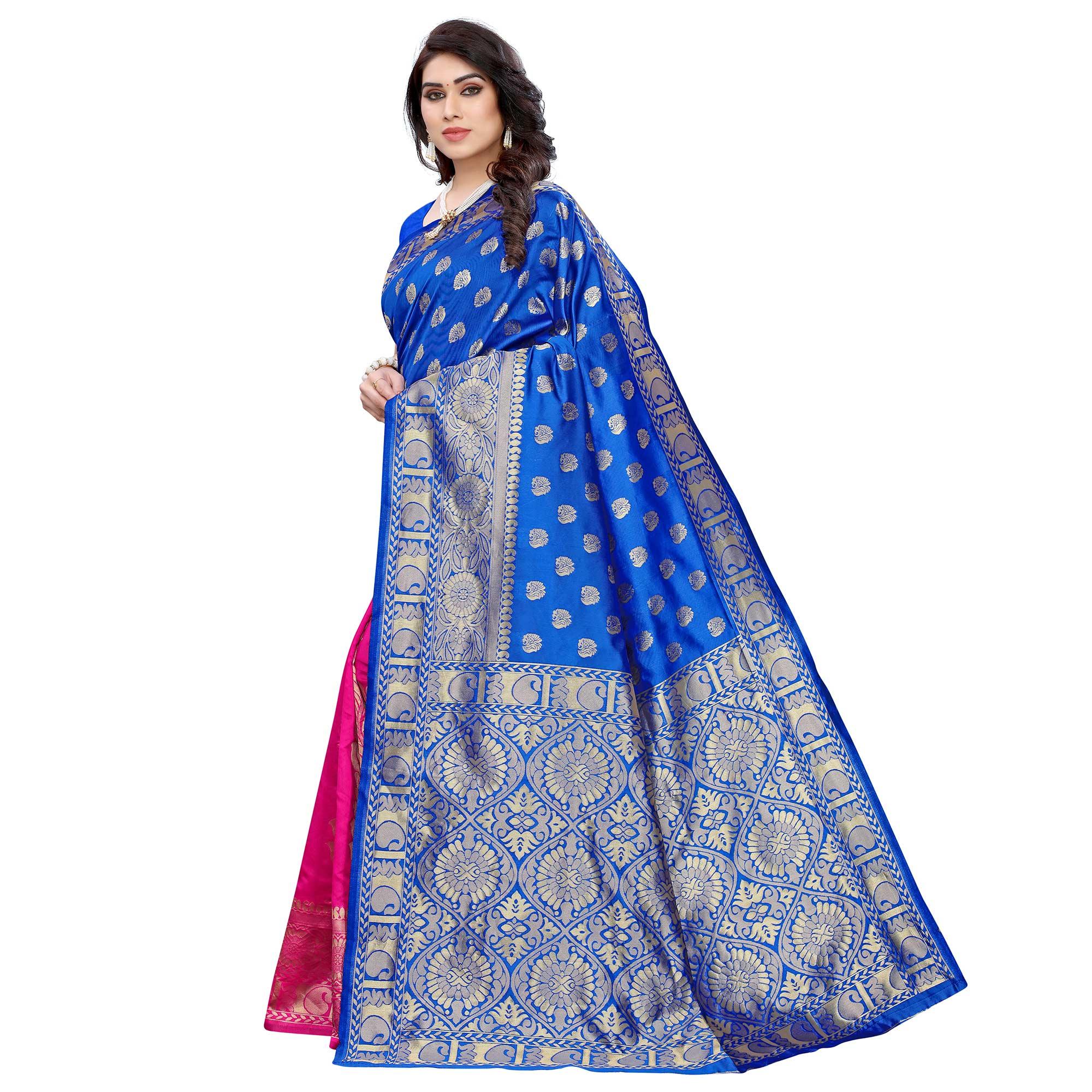 Exceptional Blue - Pink Colored Festive Wear Woven Jacquard Saree - Peachmode