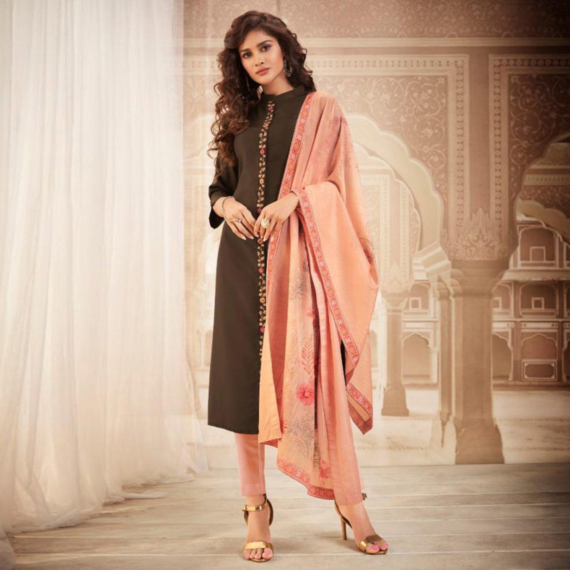 Exceptional Brown Colored Partywear Embroidered Heavy Muslin Salwar Suit - Peachmode