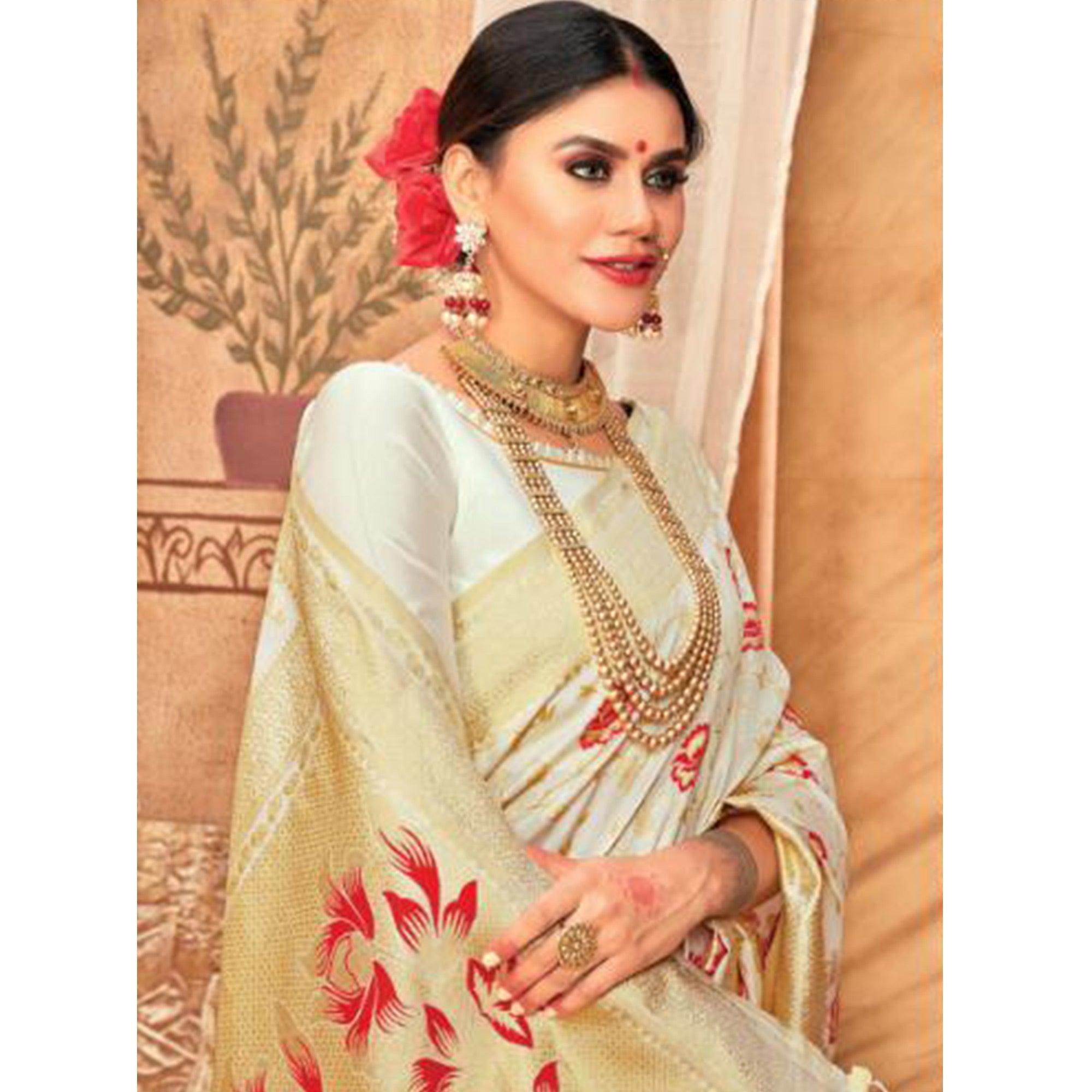 Exceptional Cream Colored Festive Wear Woven Silk Blend Saree With Tassels - Peachmode