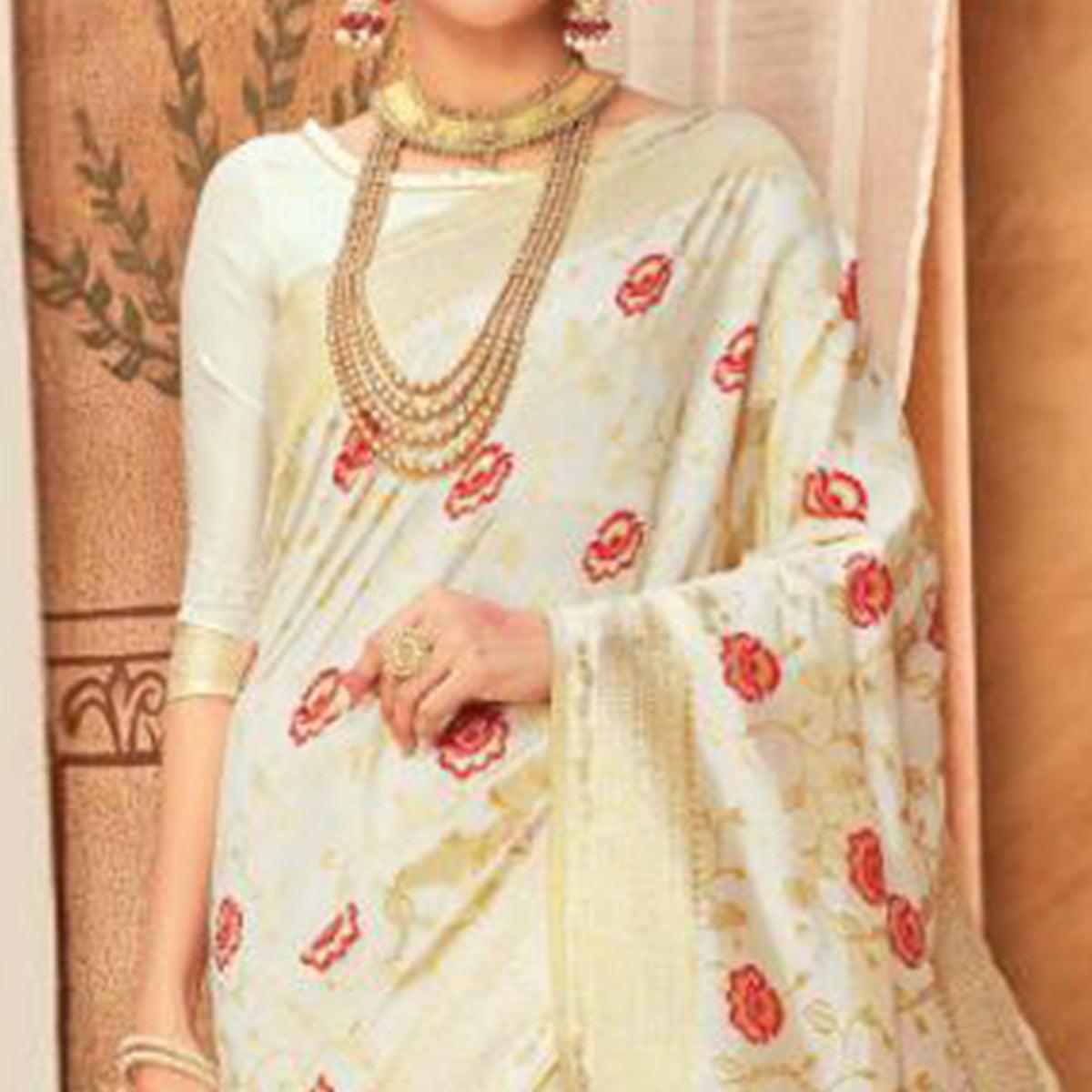 Exceptional Cream Colored Festive Wear Woven Silk Blend Saree With Tassels - Peachmode