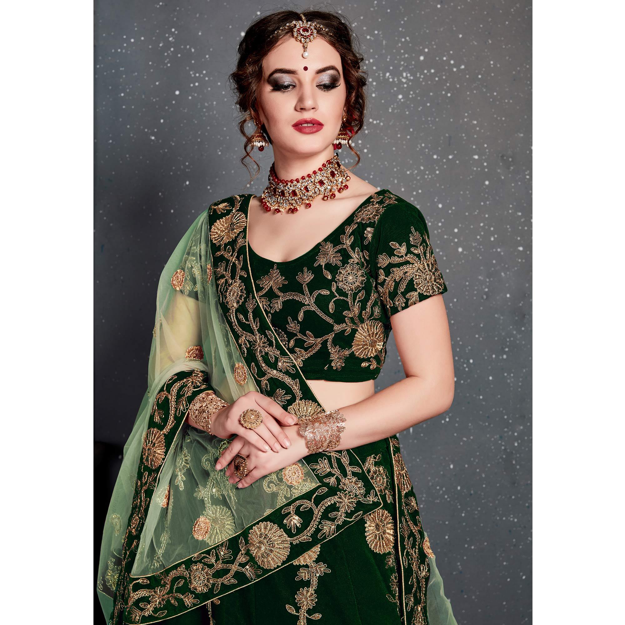 Exceptional Dark Green Colored Wedding Wear Embroidered Velvet Lehenga Choli - Peachmode