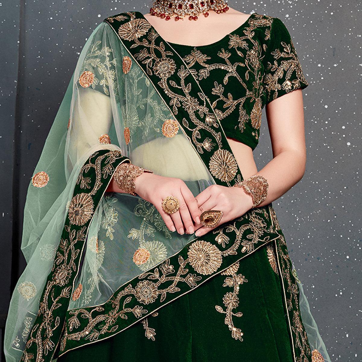 Exceptional Dark Green Colored Wedding Wear Embroidered Velvet Lehenga Choli - Peachmode