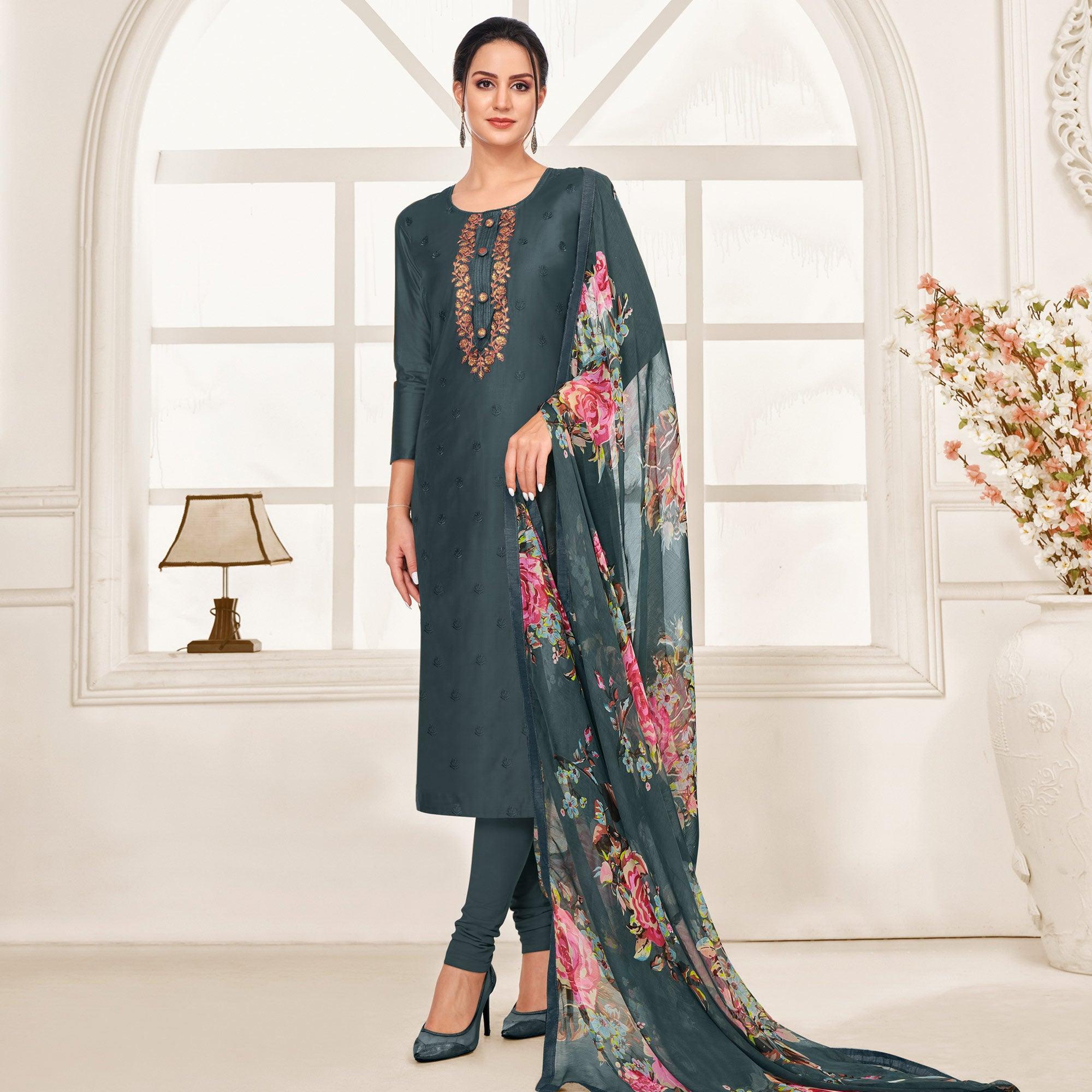 Exceptional Dark Grey Colored Casual Wear Embroidered Chanderi Dress Material - Peachmode