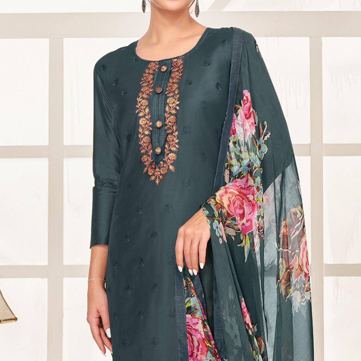 Exceptional Dark Grey Colored Casual Wear Embroidered Chanderi Dress Material - Peachmode